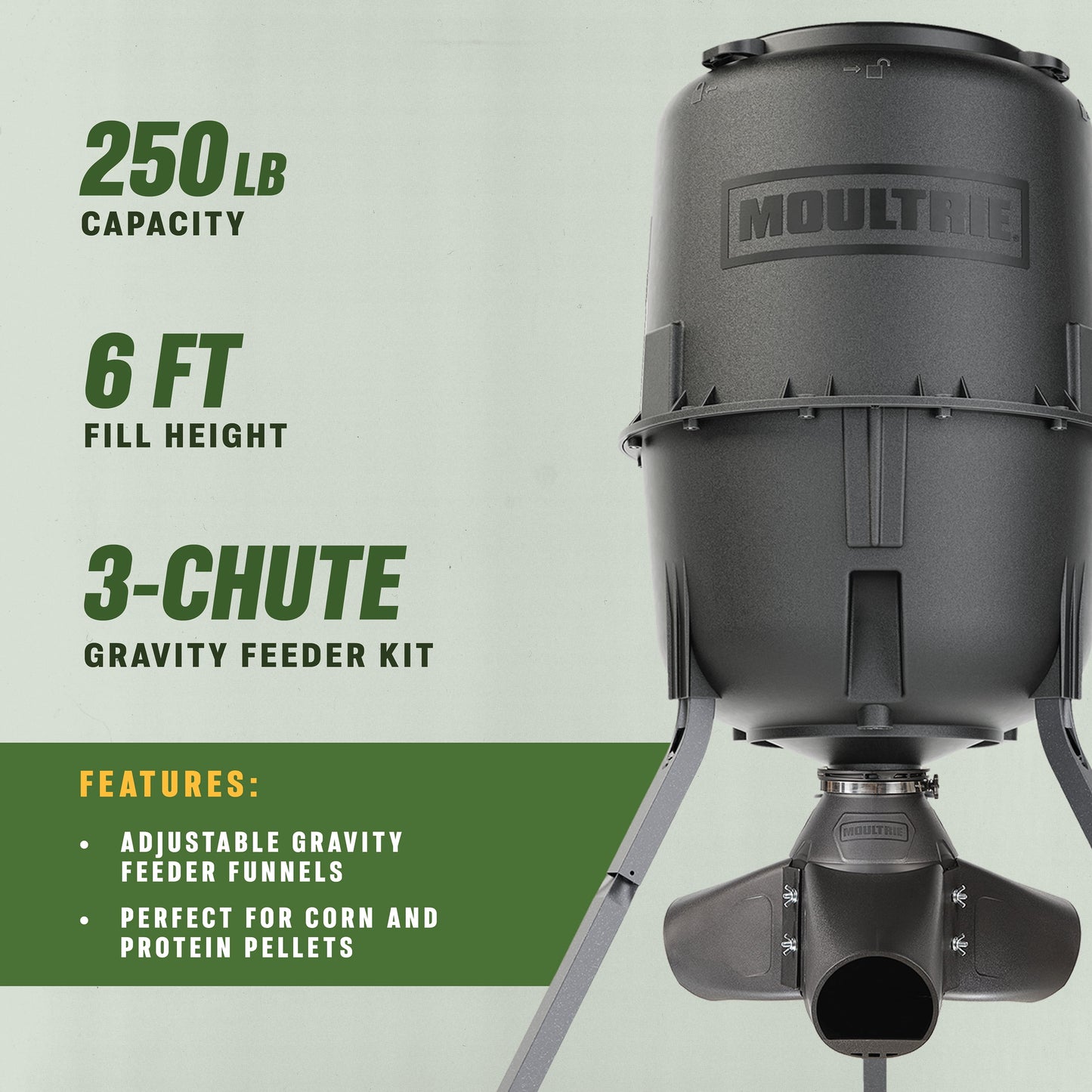250 Lb Gravity Deer Feeder - Tripod Game Feeder - Easy Conversion Adapter - Protein Pellet Ready - Rugged No-Power Setup for Deer Management