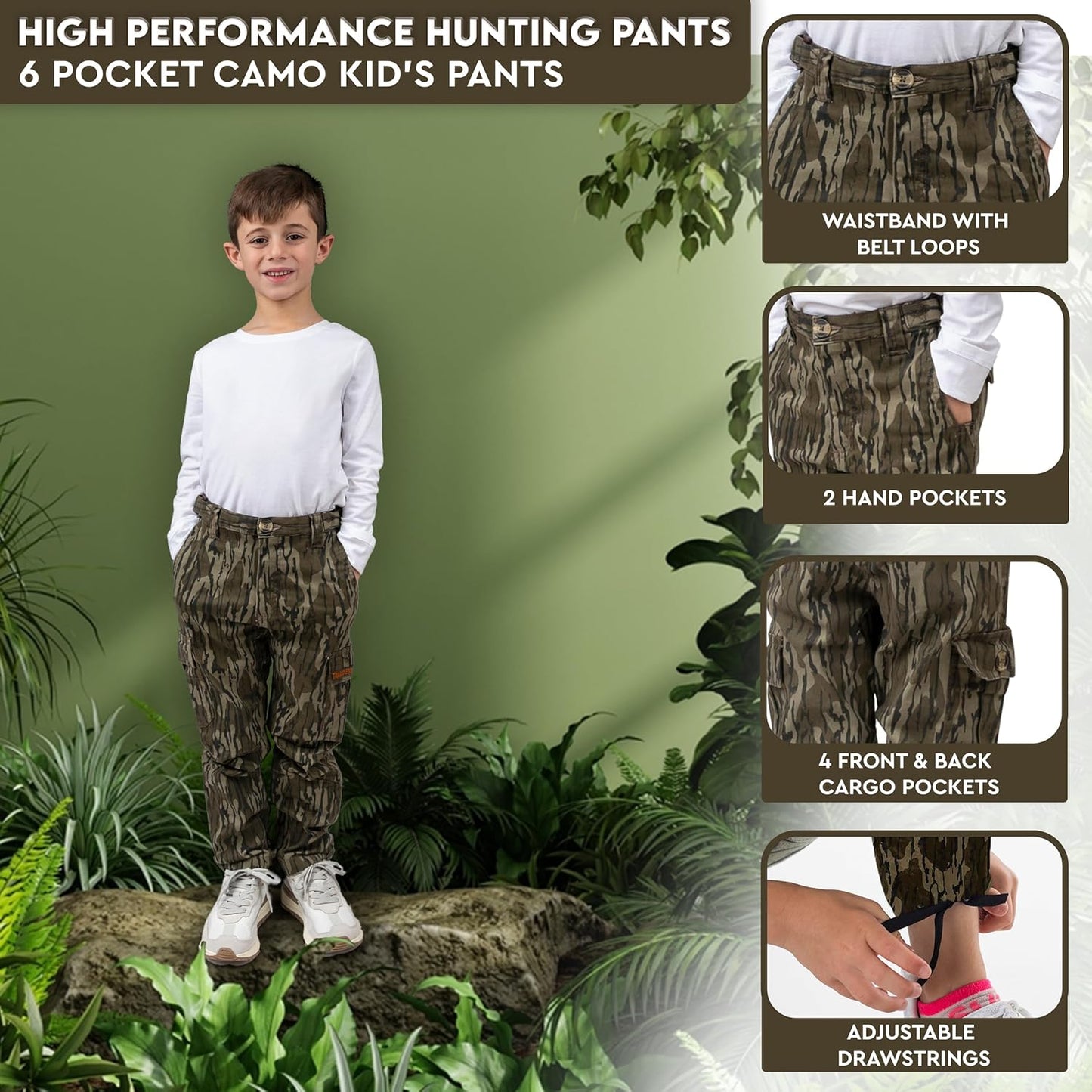 Youth Kids Camo Hunting Cargo Pants | 6 Pockets | Mossy Oak Break-Up Country™ (Improved Specs)