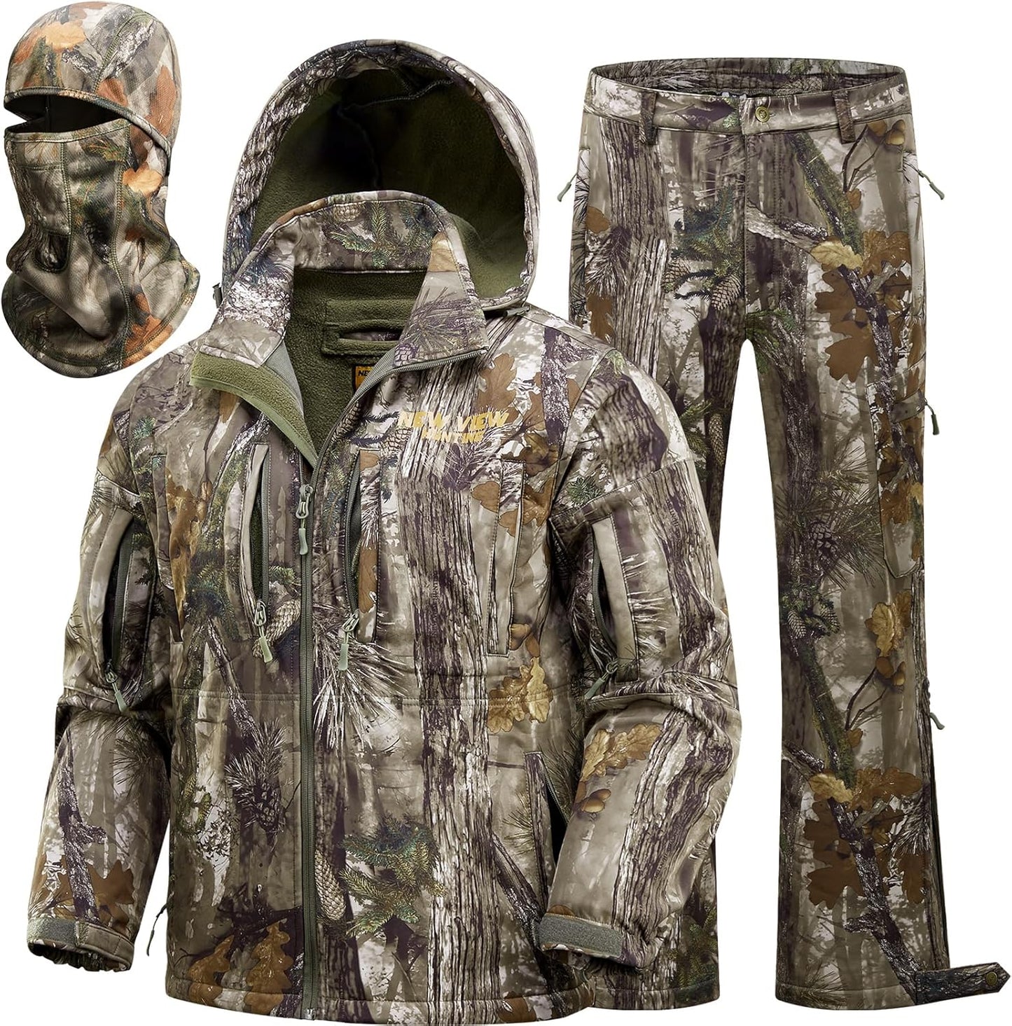 Camo Hunting Clothes for Men, Quiet Warm Fleece Lining, Cold Weather Deer Hunting Jacket and Pants with Face Mask