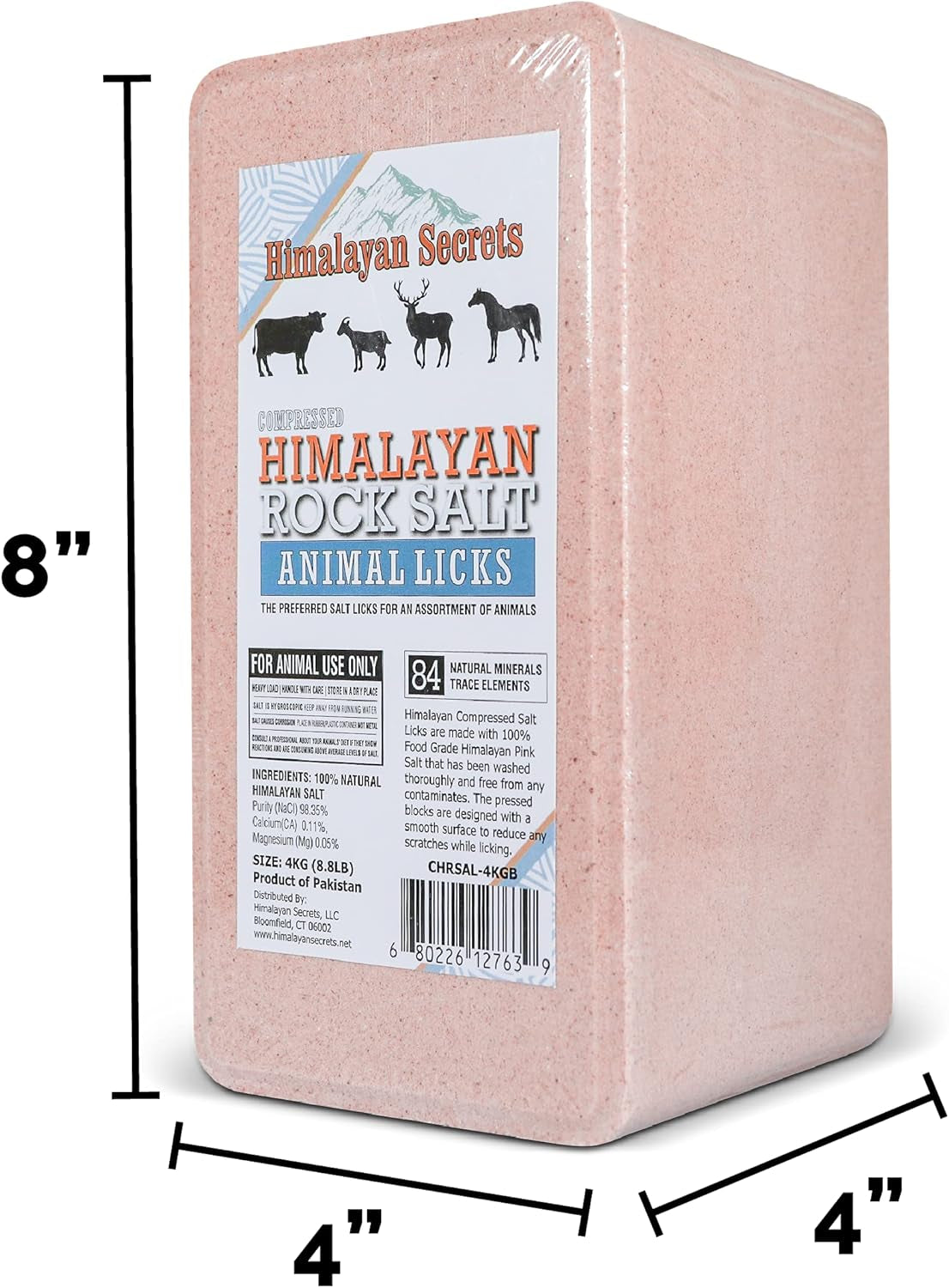 8.8LB (4KG) Compressed Pink Himalayan Salt Animal Lick Brick for Livestock and Wildlife - 100% Pure & Natural Feed Salt - 84 Natural Minerals and Trace Elements