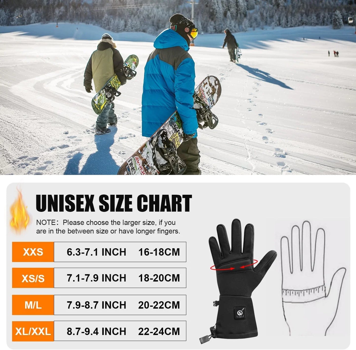 Electric Battery Heated Glove Liners Waterproof for Men & Women Touchscreen Winter Gloves for Motorcycle, Skiing, Skating, Rechargeable