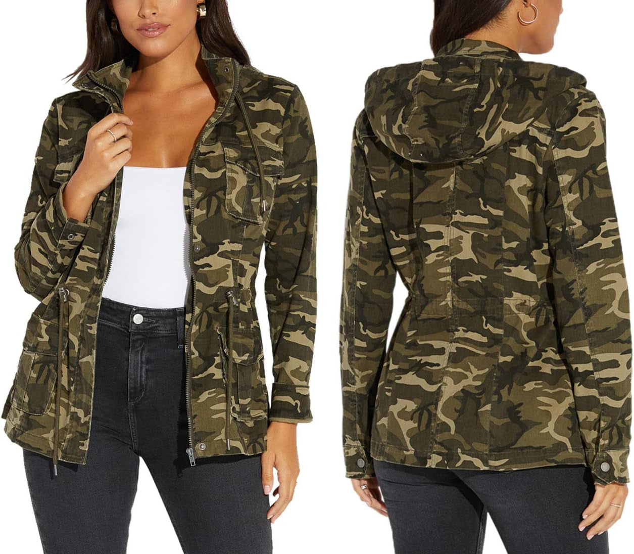 Womens Camouflage Shacket Jacket Coats Fashion Fall Long Sleeve Zipper Canvas Camo Jackets with Pockets