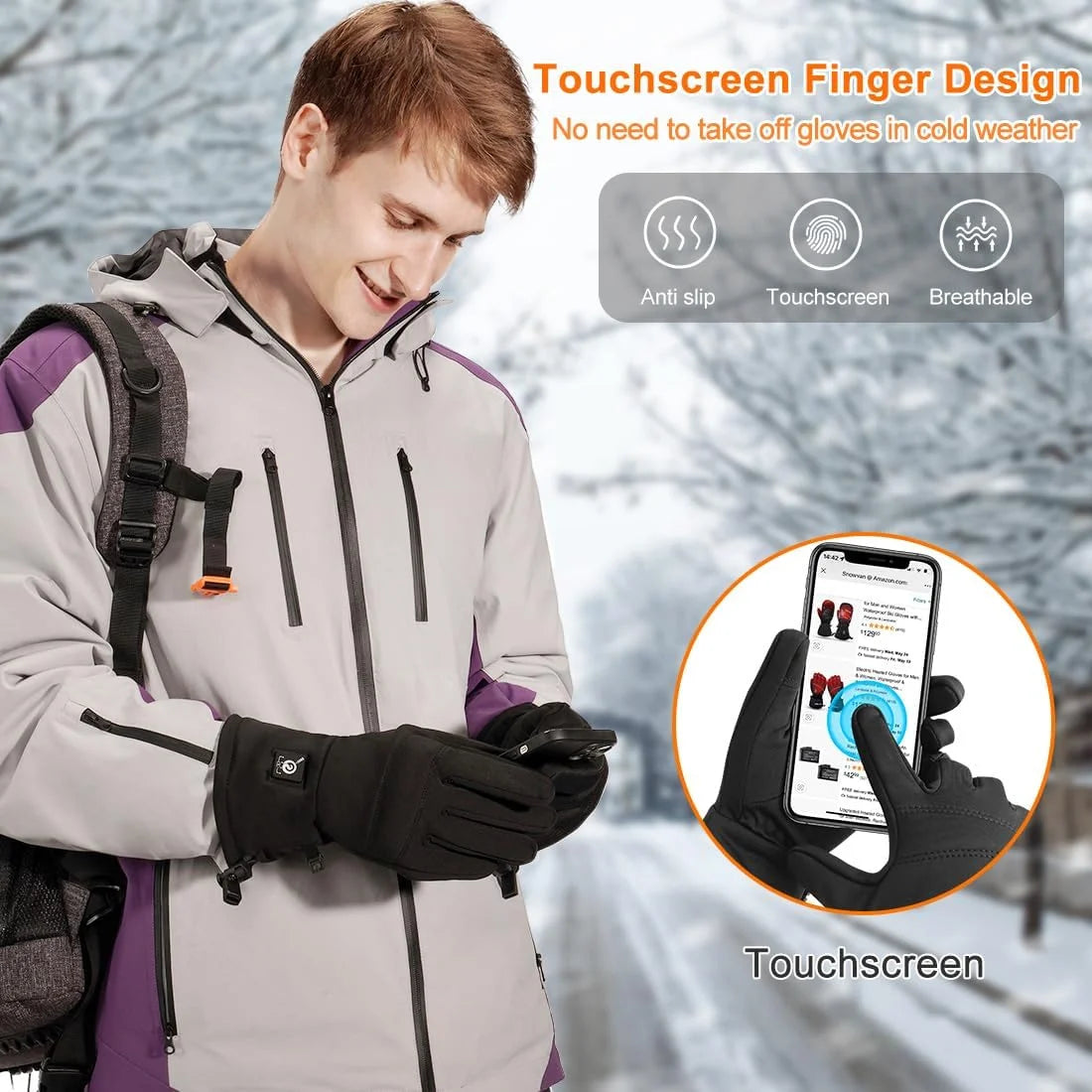 Electric Battery Heated Glove Liners Waterproof for Men & Women Touchscreen Winter Gloves for Motorcycle, Skiing, Skating, Rechargeable