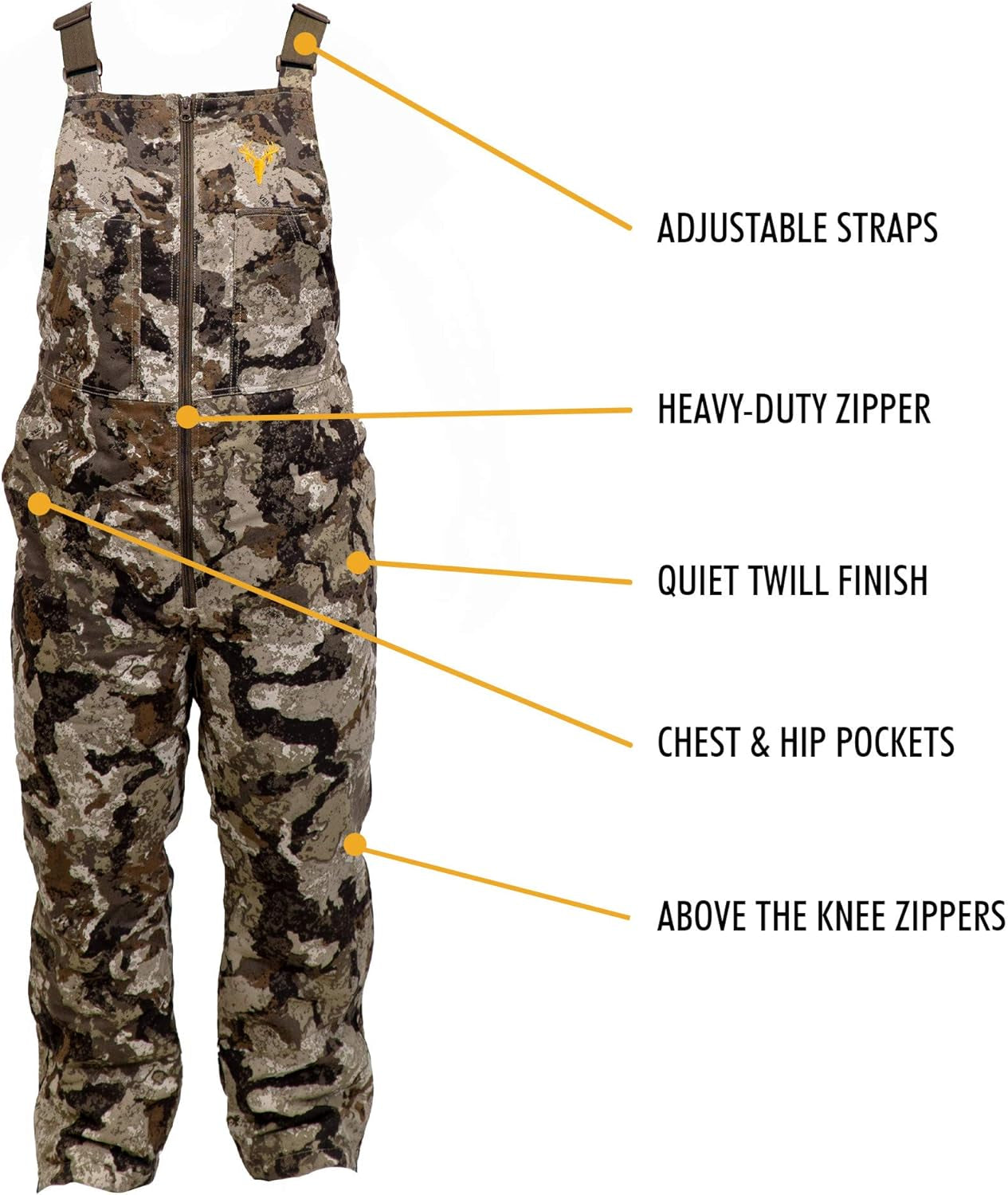 Youth Insulated Camo Bib, Comfortable Kids Hunting Clothes, Adjustable Insulated Hunting Overalls with Zippers