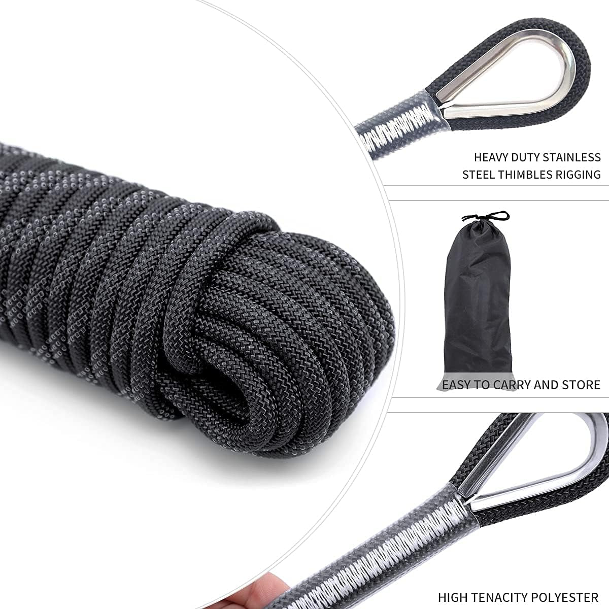 10Mm/12Mm Climbing Rope, Outdoor Static Rock Climbing Rope, Tree Climbing Rappelling Rope, Escape Nylon Rope, Ice Climbing Equipment Fire Rescue Parachute Rope with 2 Steel Hooks