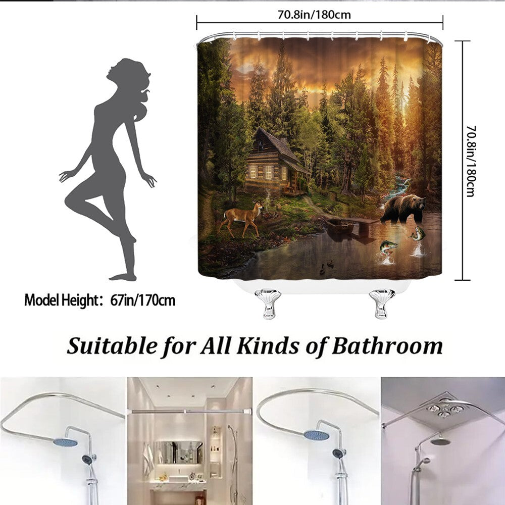 Rustic Bear Shower Curtain Cabin Lodge Deer Lake Forest Hunting Fishing Decor