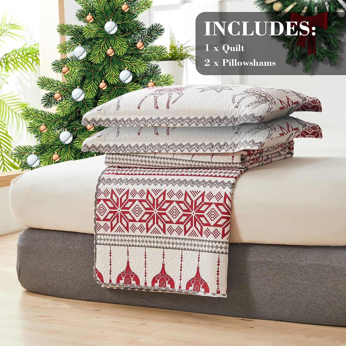Christmas Quilt Set Queen Size 3-Piece Xmas Bedspread Coverlet with Reindeer Pattern for New Year Bed Decor, Lightweight Soft Comforter Bedding Cover for All Season(1 Quilt + 2 Pillow Shams)