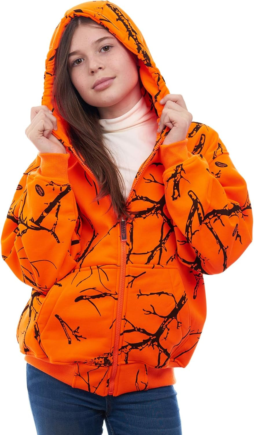 by Treel Kids Orange Safety Full Zip High Visibility Thick Fleece Hoodie Sweatshirt Hunting Jacket