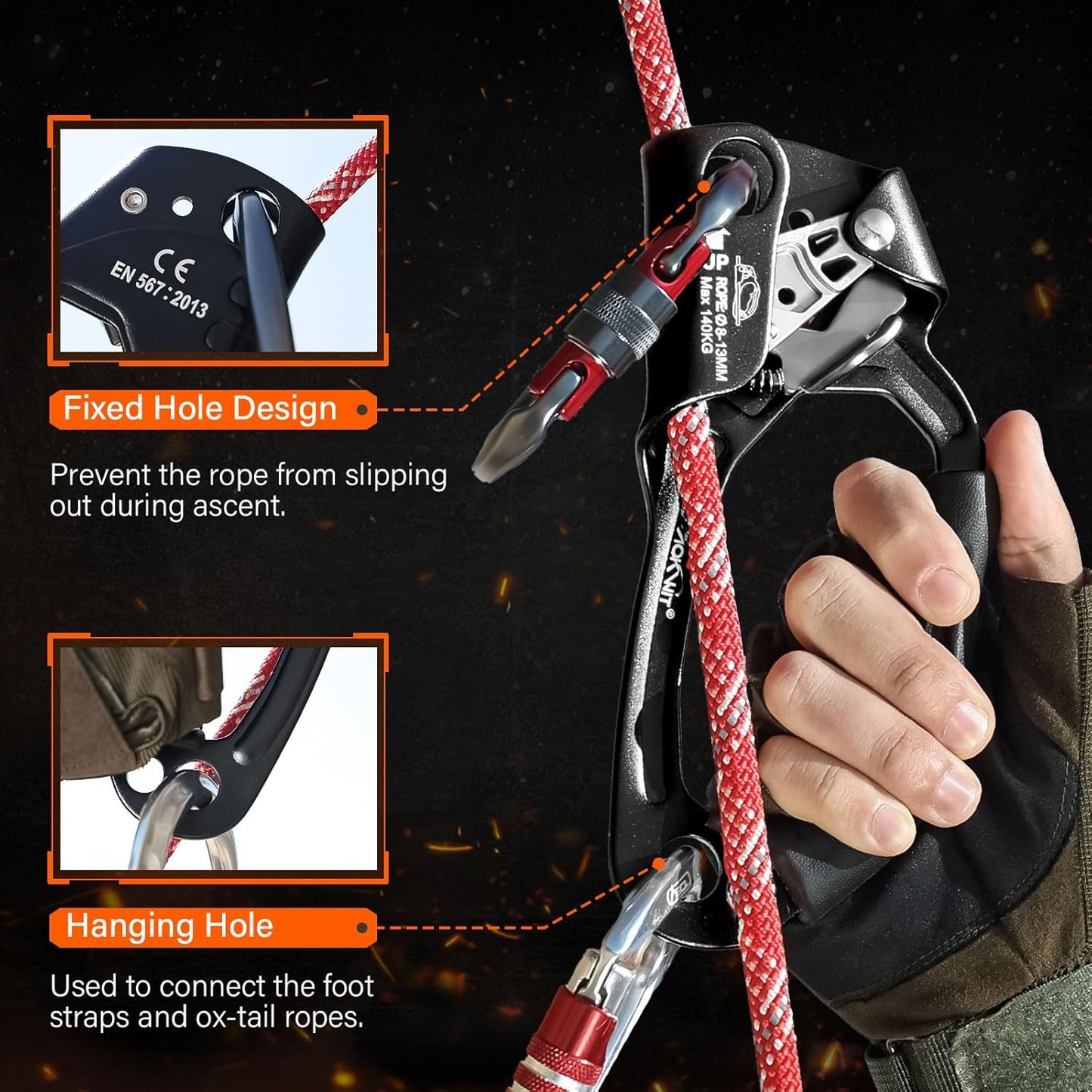 UIAA & CE Certified Rope Ascender Aluminum Alloy Rock Climbing Gear Strong Rigging Rappelling Equipment for Rock Tree Climbing Arborist Rescue Mountaineering Caving