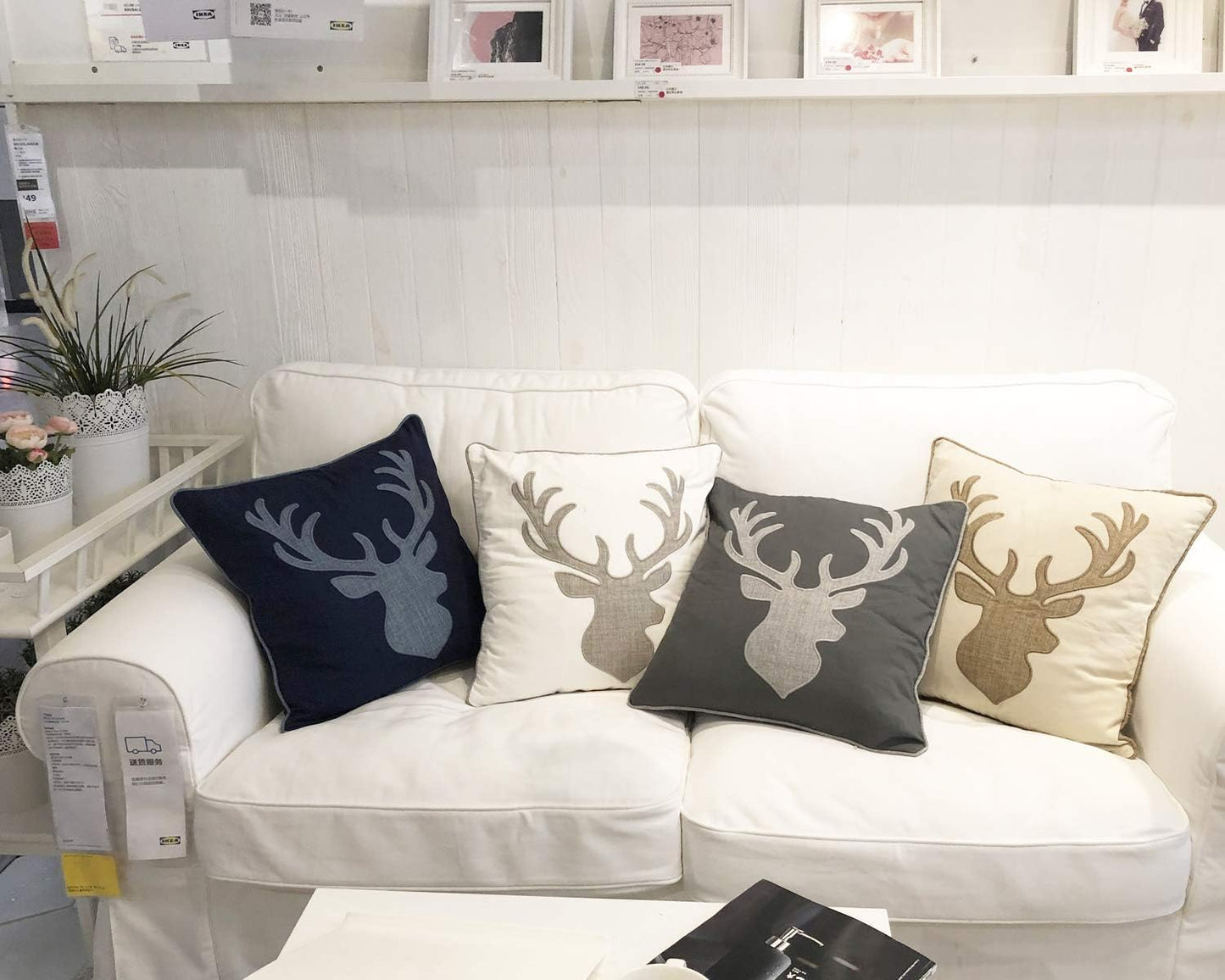 Embroidered Throw Pillow Covers Deer Head Pattren 18X18 Inches for Living Room Cotton Cushions Covers (Khaki) …