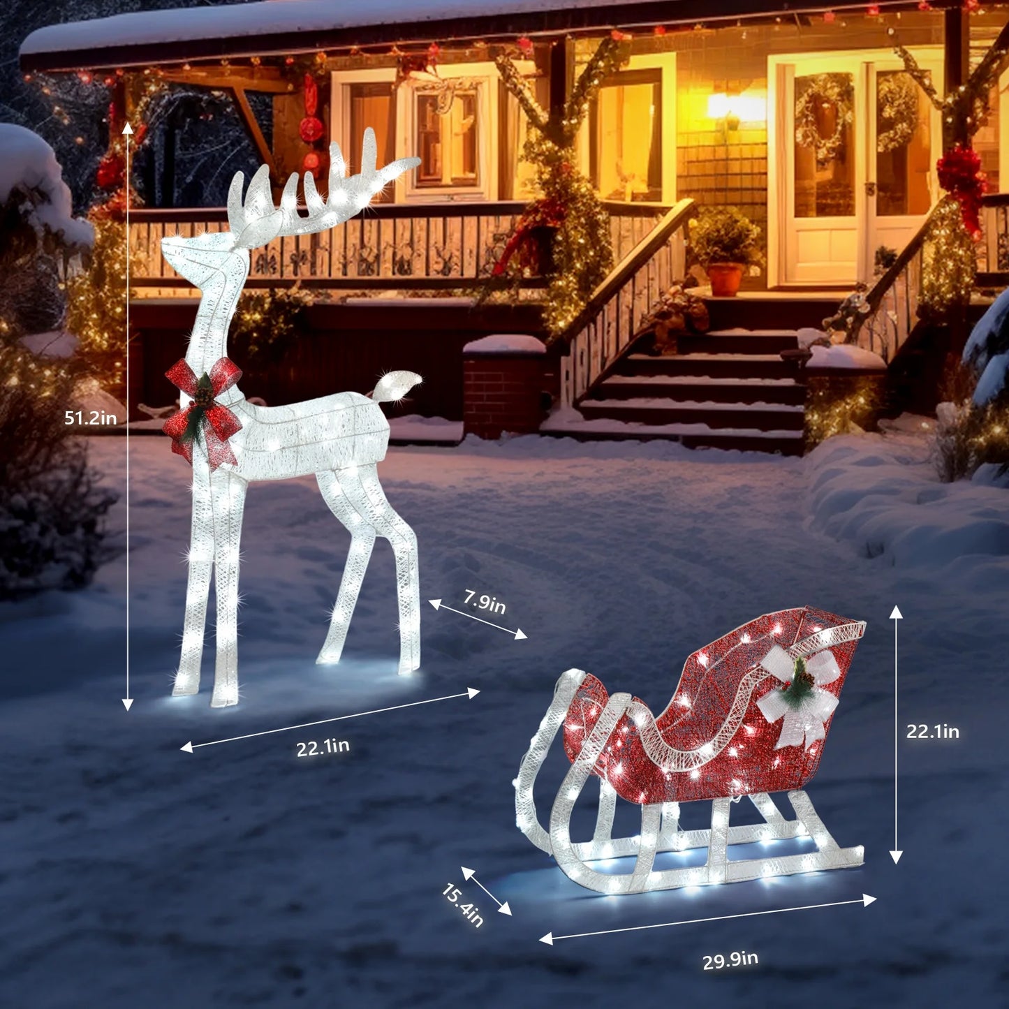3D Lighted Christmas 4Ft Reindeer & Sleigh Set Outdoor Yard Decoration LED Lights - Silver