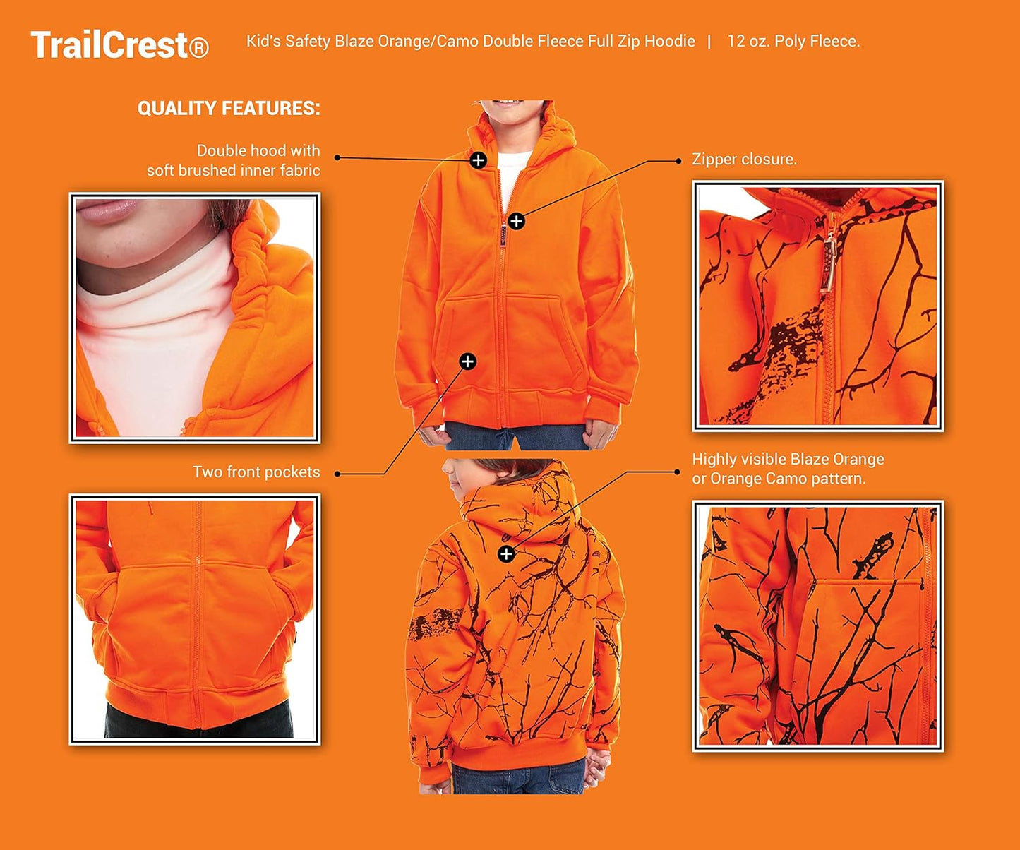 by Treel Kids Orange Safety Full Zip High Visibility Thick Fleece Hoodie Sweatshirt Hunting Jacket