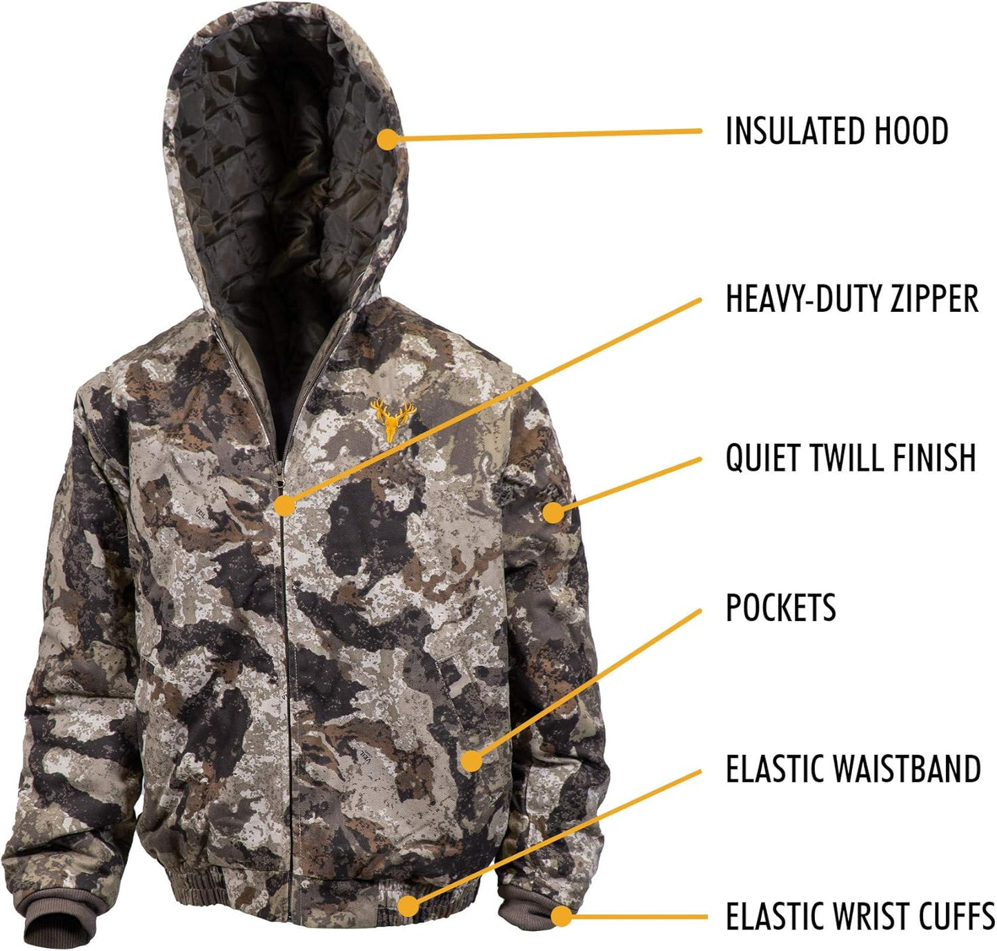 Youth Insulated Twill Camo Hunting Jacket, Insulated Boy'S Winter Coat, Ultra Quiet Camouflage Kids Hunting Gear