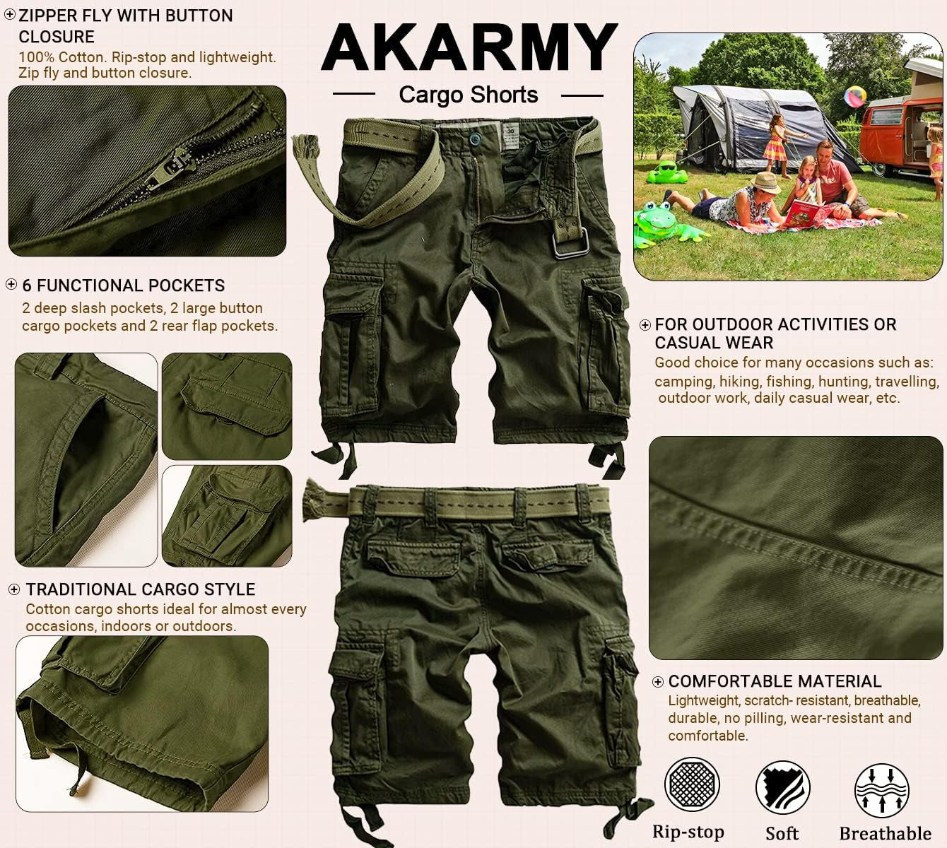 Men'S Camo Cargo Shorts Outdoor Multi-Pocket Cotton Casual Shorts with No Belt