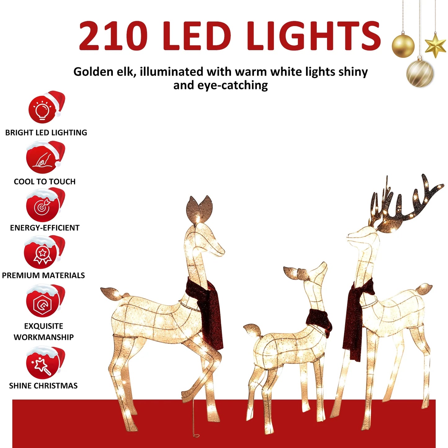 3-Piece Lighted Christmas Reindeer Family Set, Xmas Lighted Deer Decorations with 210 Warm White LED Lights & Stakes, Holiday Christmas Decor for Yards Garden Lawn Patio