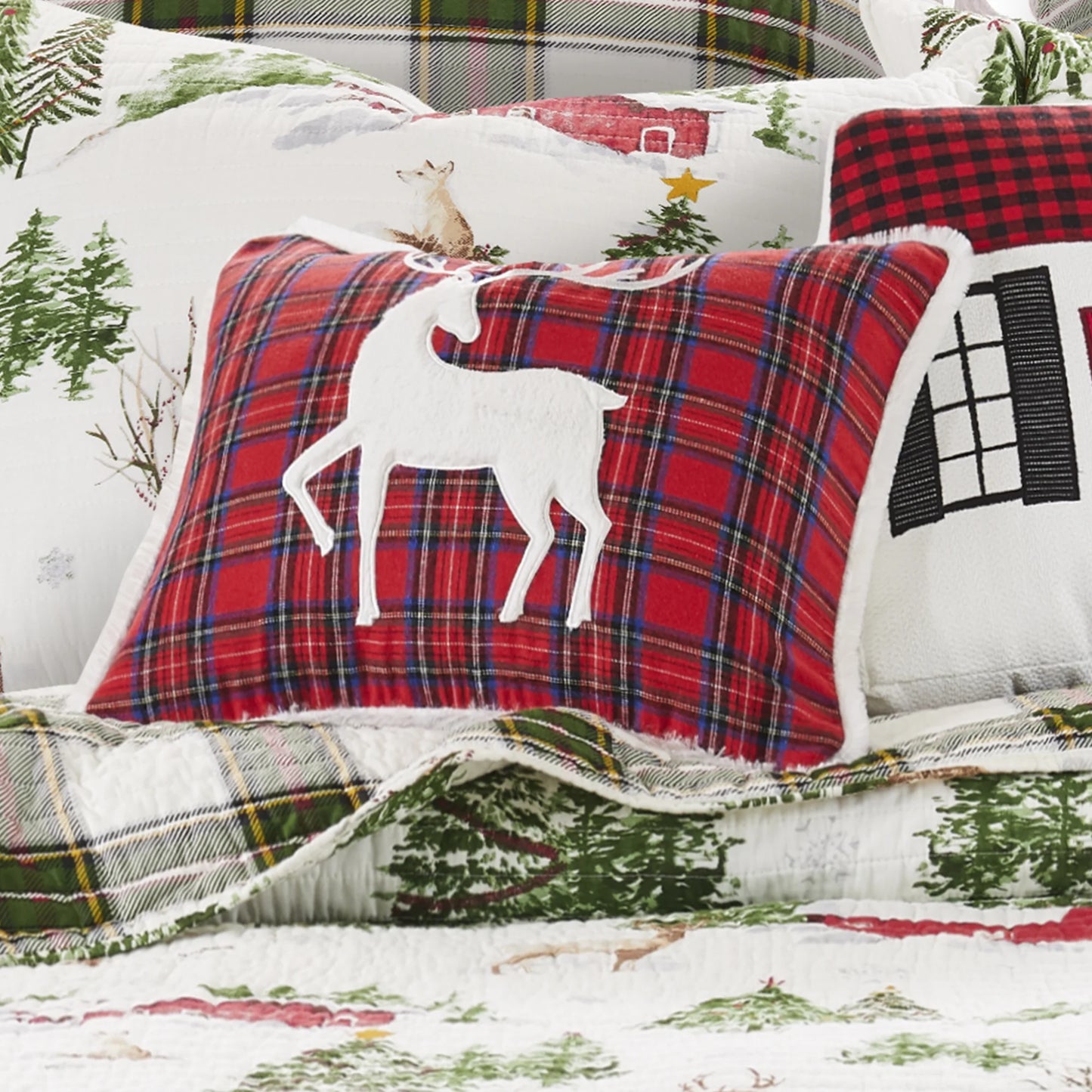 '- Tatum Pines - Decorative Pillow (14X18In.) - White Deer - Red, White and Green