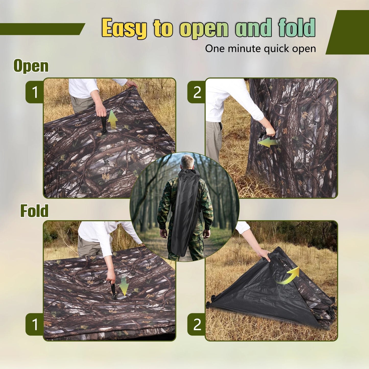 360° See through Ground Hunting Blind for 2 Persons,300D Pop up Resilient Portable Tent with Up-Downside Door and Carrying Bag for Deer Turkey