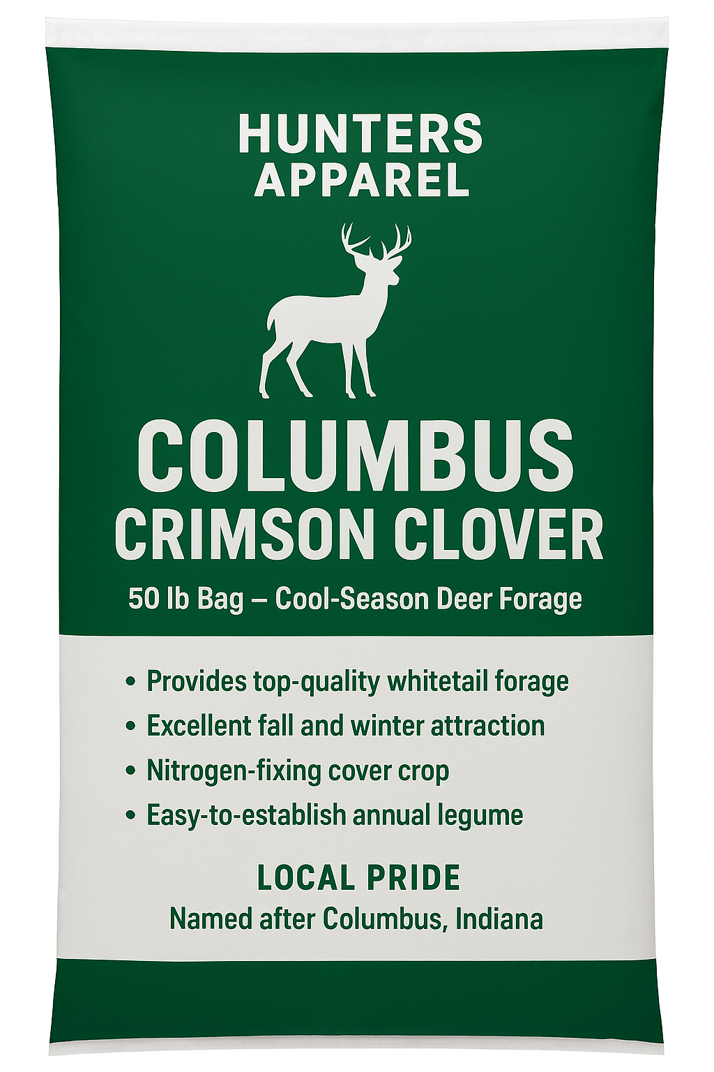 Columbus Crimson Clover bag for deer forage with green and white design.