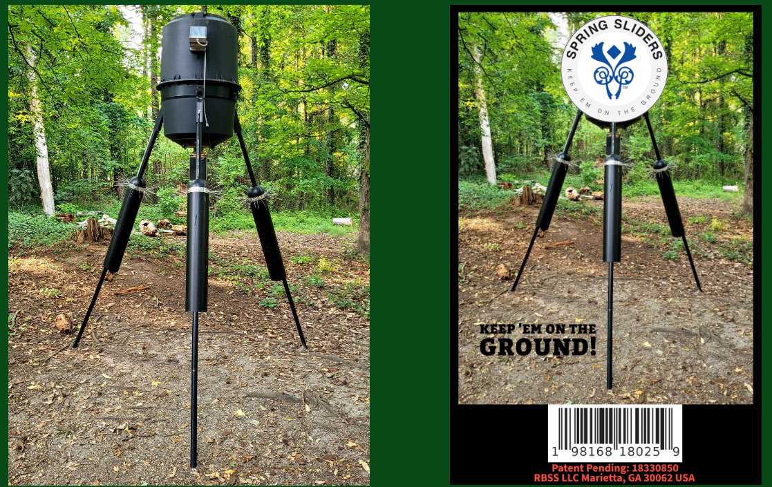 Black hunting blind on legs with 'Spring Sliders' branding in a forest setting.