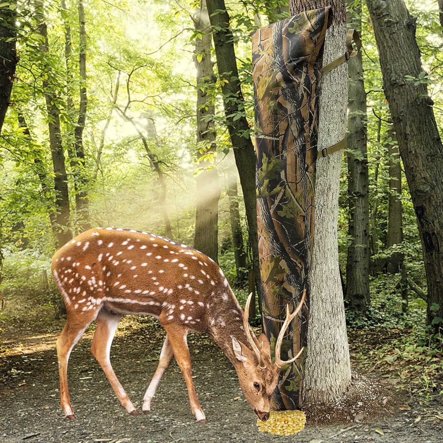 Adjustable Camo Feeders-100 Lb Tree Hugger Gravity Deer Feeder with Adjustable S