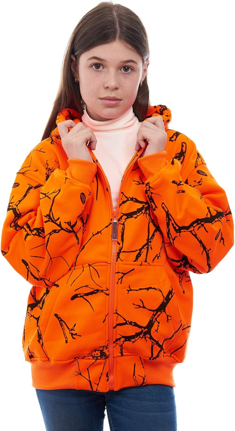 by Treel Kids Orange Safety Full Zip High Visibility Thick Fleece Hoodie Sweatshirt Hunting Jacket