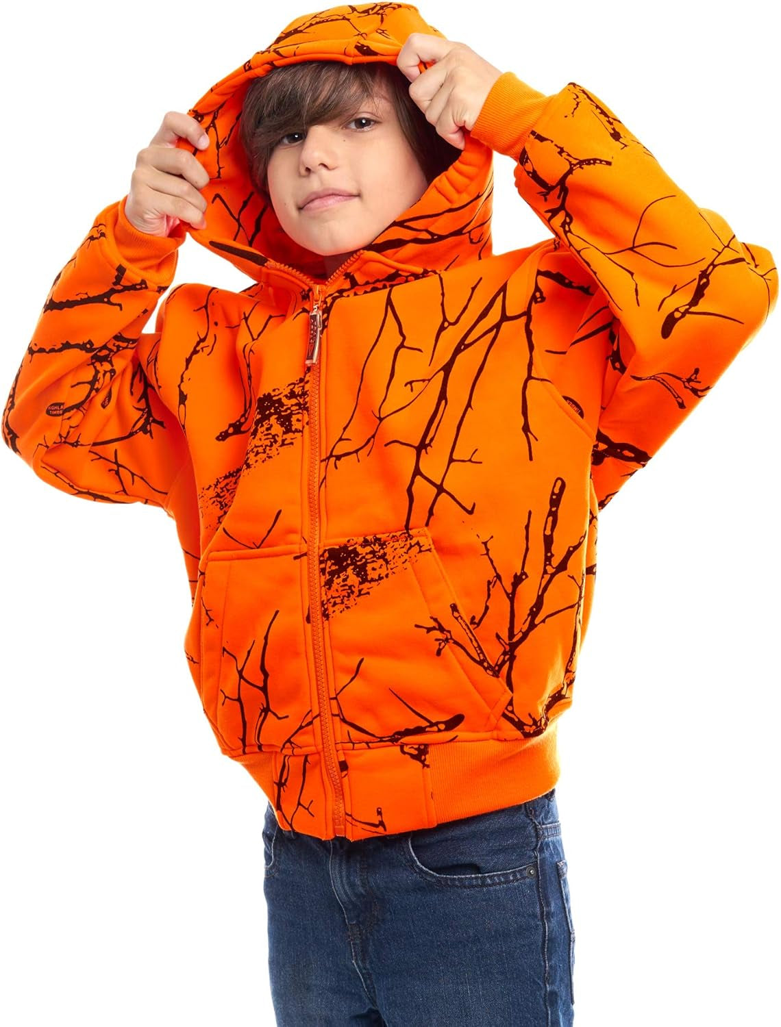 by Treel Kids Orange Safety Full Zip High Visibility Thick Fleece Hoodie Sweatshirt Hunting Jacket
