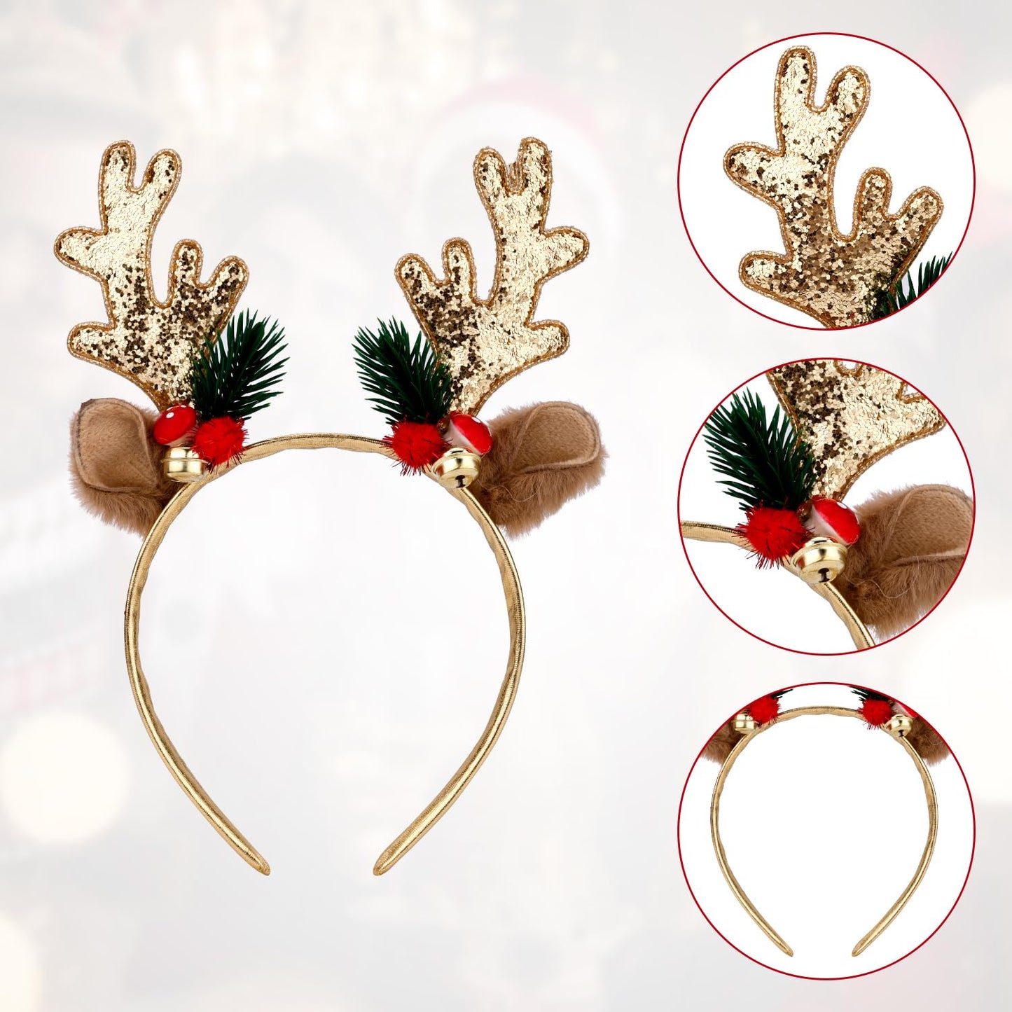 Christmas Reindeer Antlers Headband, Gold Deer Antlers Hair Hoop with Jingle Bells Glitter Antler Ears Headband Xmas Costume for Women Girls