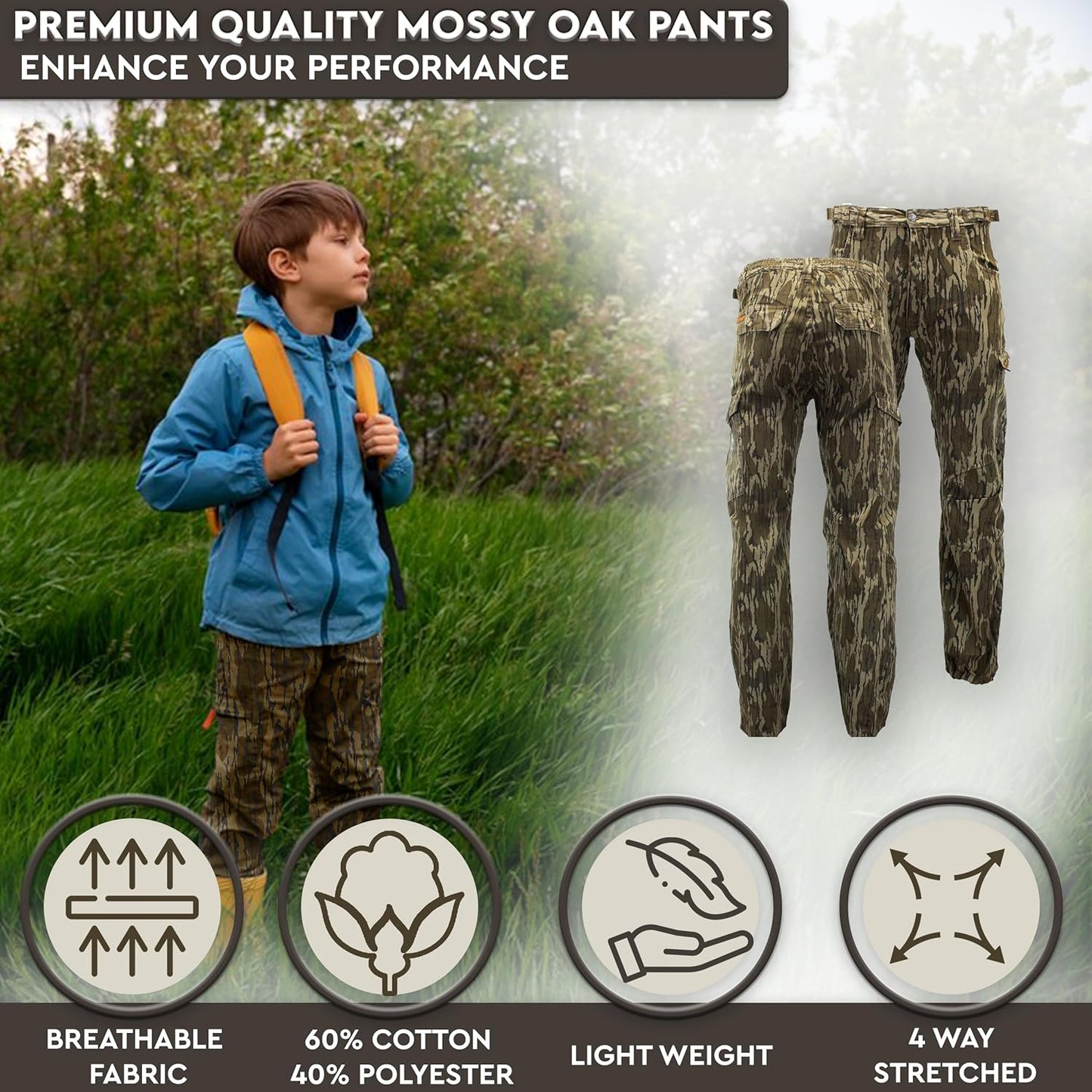 Youth Kids Camo Hunting Cargo Pants | 6 Pockets | Mossy Oak Break-Up Country™ (Improved Specs)