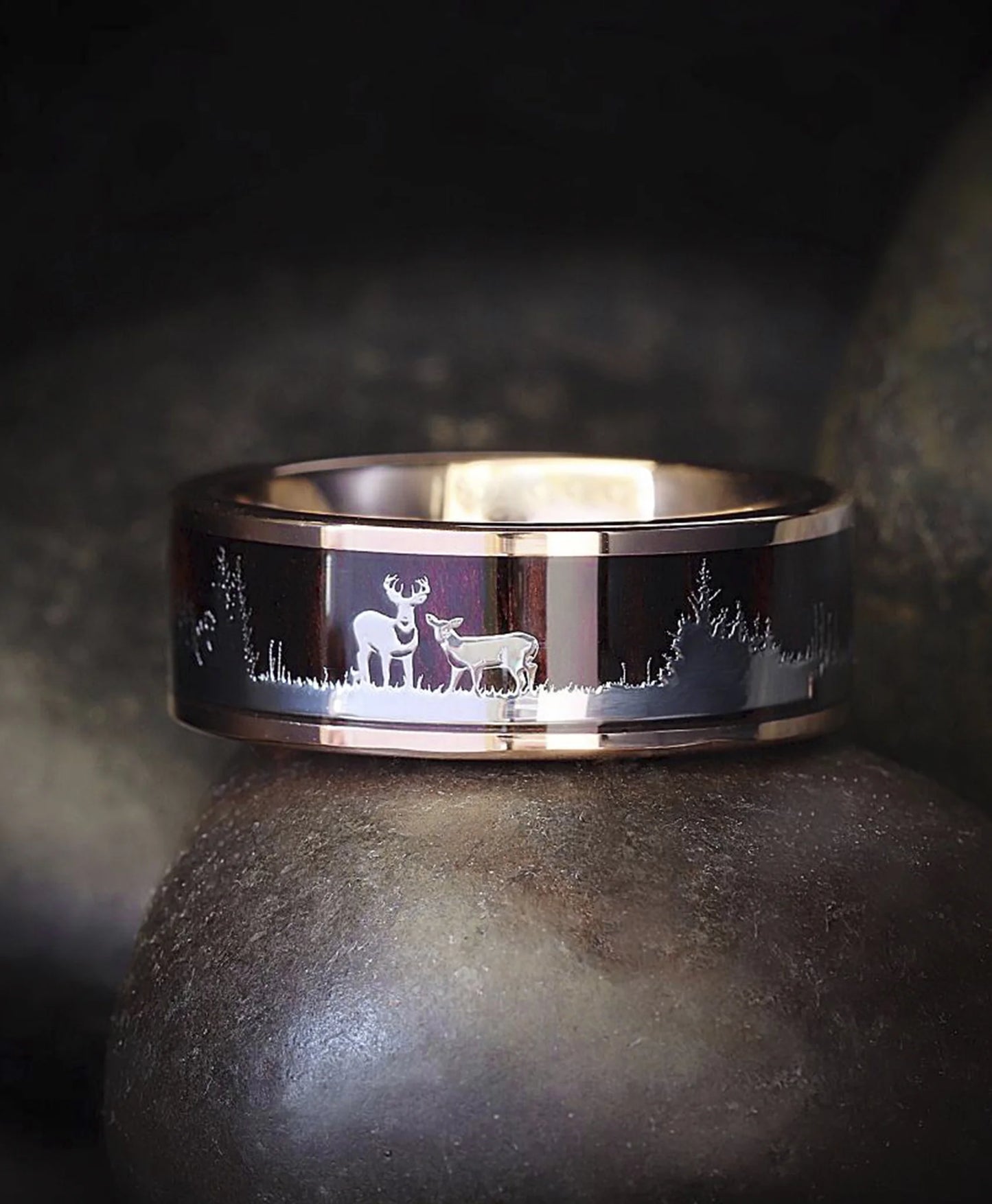 Mens Rose Goldtone Tungsten Hunting Ring Wedding Band Wood Inlay Deer Stag Silhouette 9