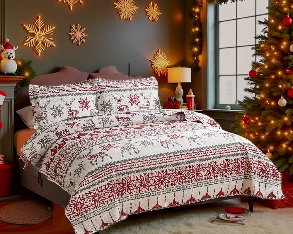 Christmas Quilt Set Queen Size 3-Piece Xmas Bedspread Coverlet with Reindeer Pattern for New Year Bed Decor, Lightweight Soft Comforter Bedding Cover for All Season(1 Quilt + 2 Pillow Shams)