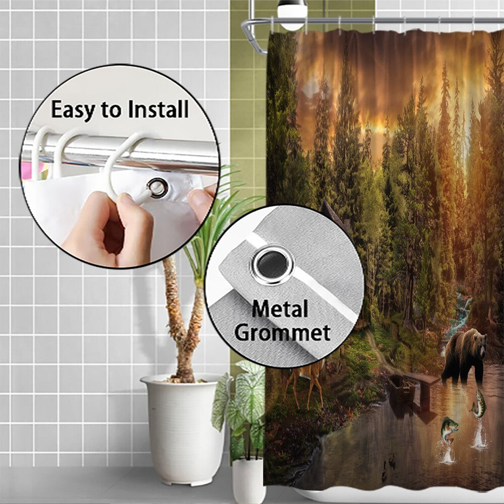 Rustic Bear Shower Curtain Cabin Lodge Deer Lake Forest Hunting Fishing Decor