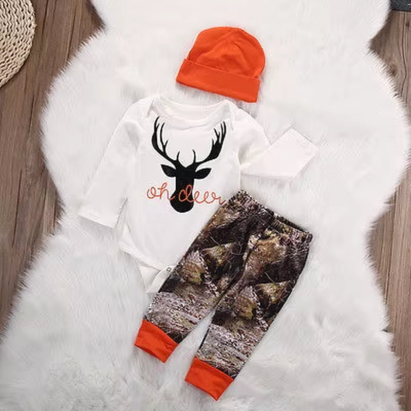 Autumn Baby Boy Clothing Sets Newborn Baby Boy Girl Deer Romper Pants Leggings Hat 3Pcs Outfits Set Costume product photo from The Deer Store
