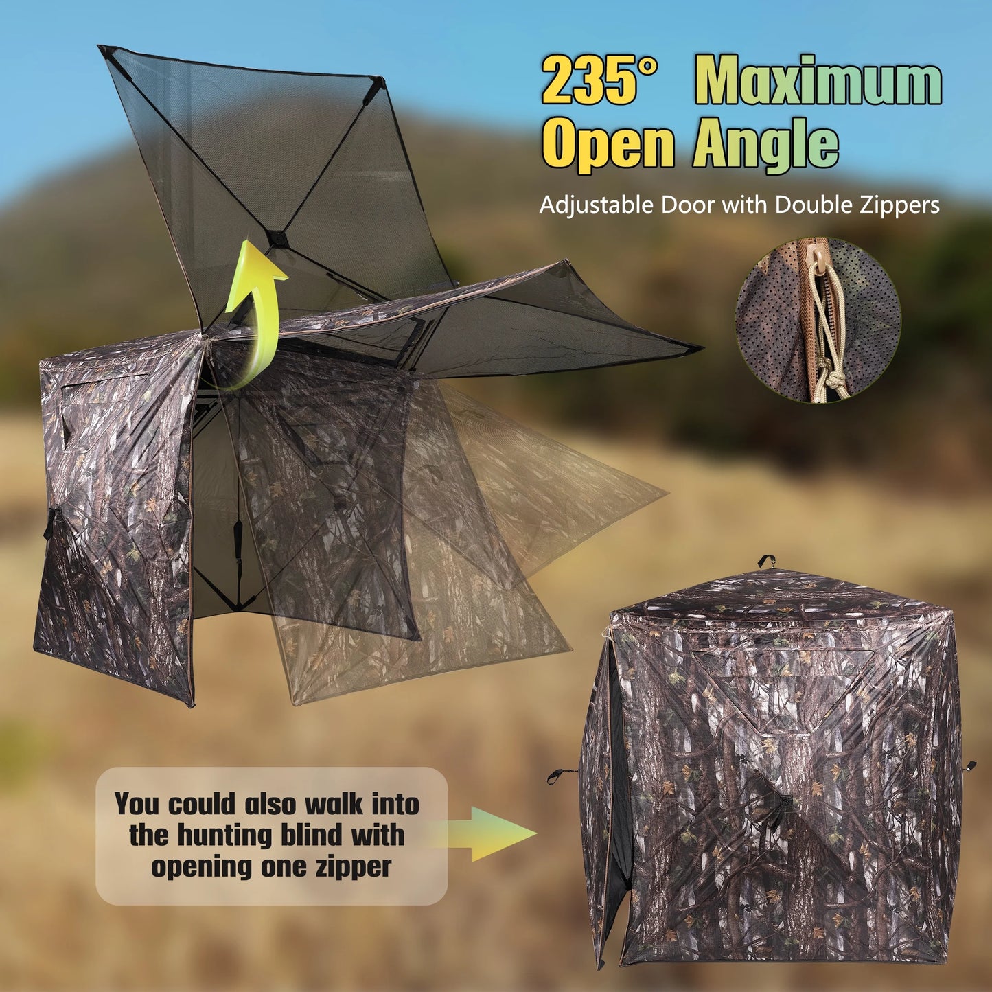 360° See through Ground Hunting Blind for 2 Persons,300D Pop up Resilient Portable Tent with Up-Downside Door and Carrying Bag for Deer Turkey