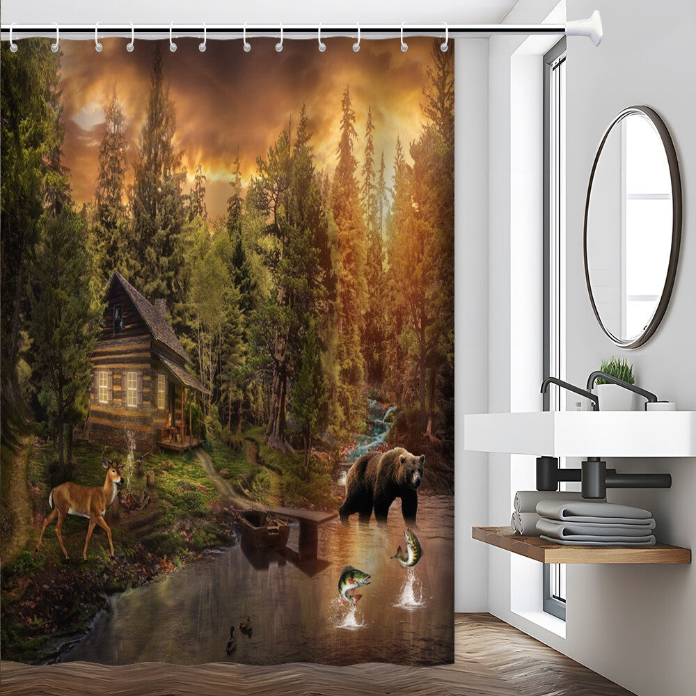 Rustic Bear Shower Curtain Cabin Lodge Deer Lake Forest Hunting Fishing Decor