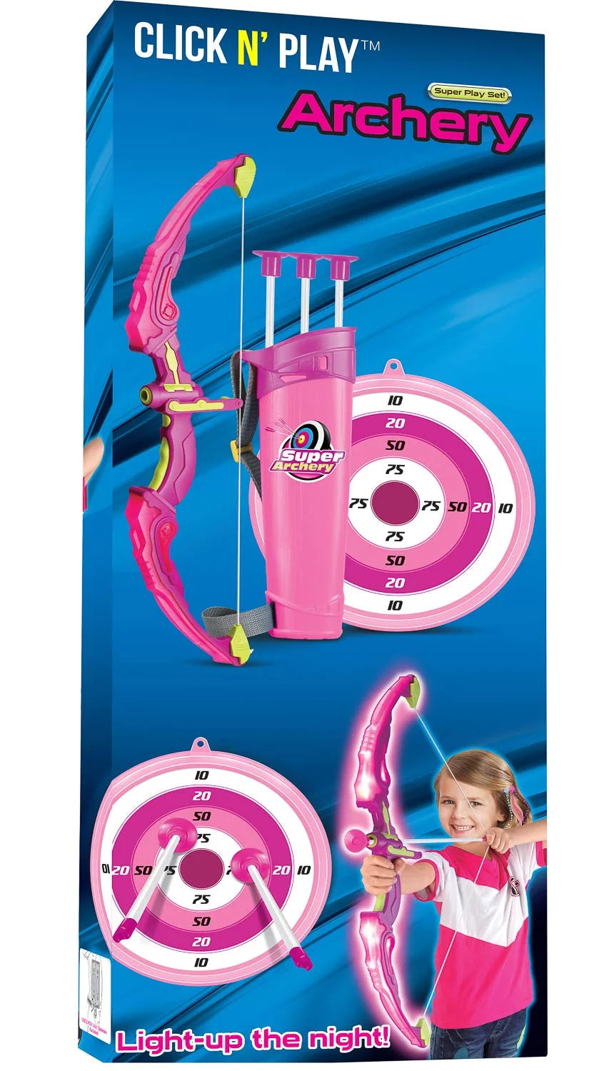 Pink Bow and Arrow Light up Archery Set | Sport Set for Girls Outdoor Hunting Play | Pink Bow, 3 Suction Cup Arrows, Target, and Quiver