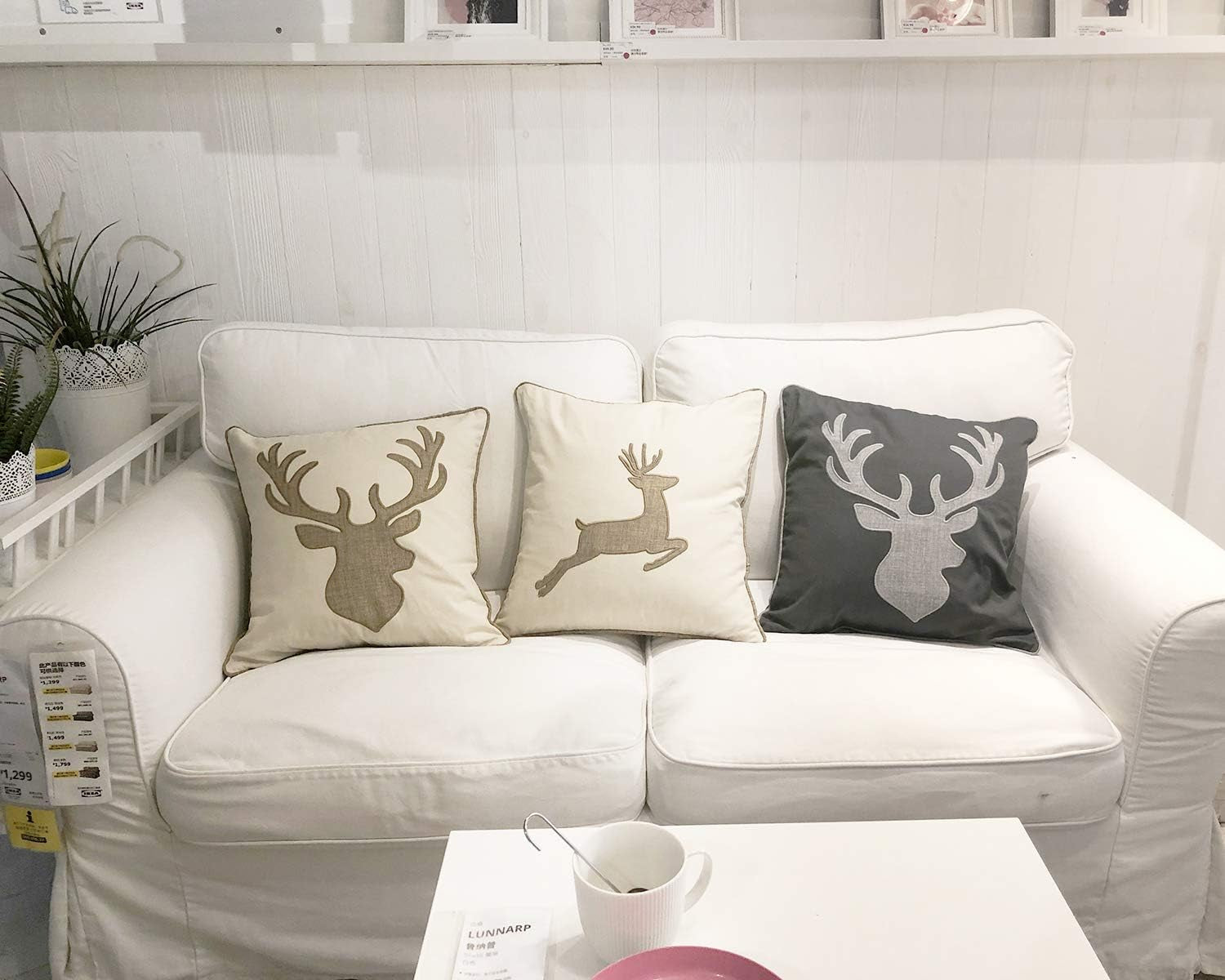 Embroidered Throw Pillow Covers Deer Head Pattren 18X18 Inches for Living Room Cotton Cushions Covers (Khaki) …