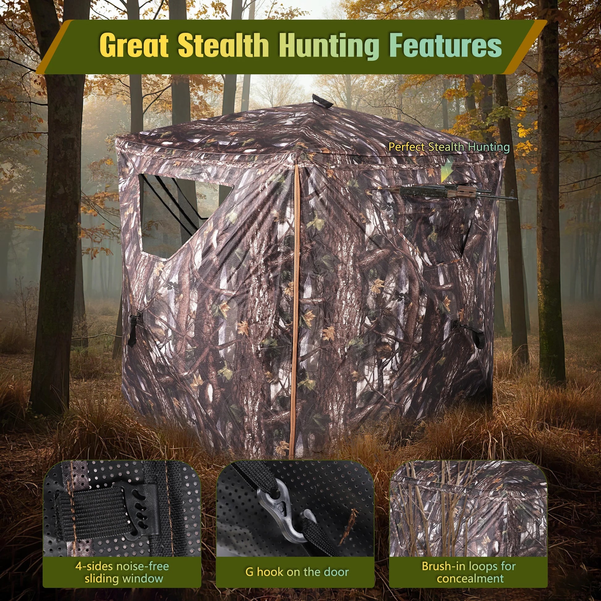 360° See through Ground Hunting Blind for 2 Persons,300D Pop up Resilient Portable Tent with Up-Downside Door and Carrying Bag for Deer Turkey