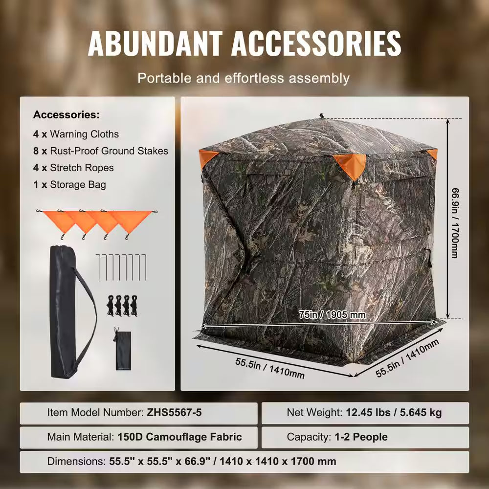 Hunting Blind, 270° See through Ground Blind, 1-2 Person Pop up Deer Blind for Hunting with Carrying Bag, Portable
