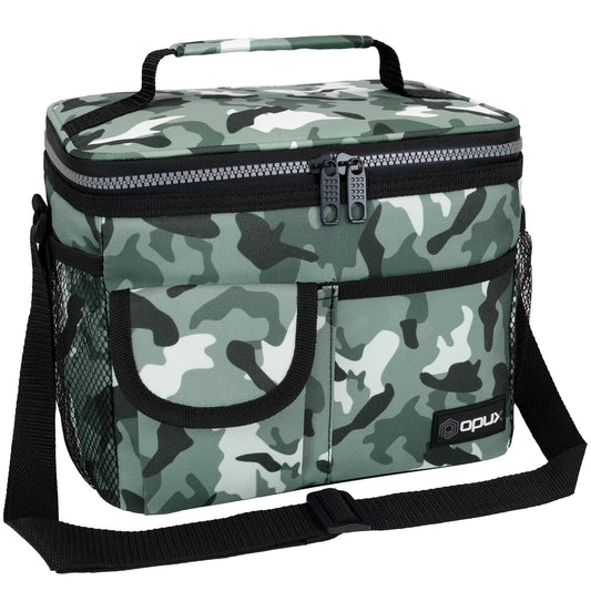 Insulated Lunch Bag for Men Women, Leakproof Thermal Lunch Box Work School, Soft Lunch Cooler Bag with Adjustable Shoulder Strap for Adult Kid Boy Girl, Reusable Lunch Pail, Camo Green