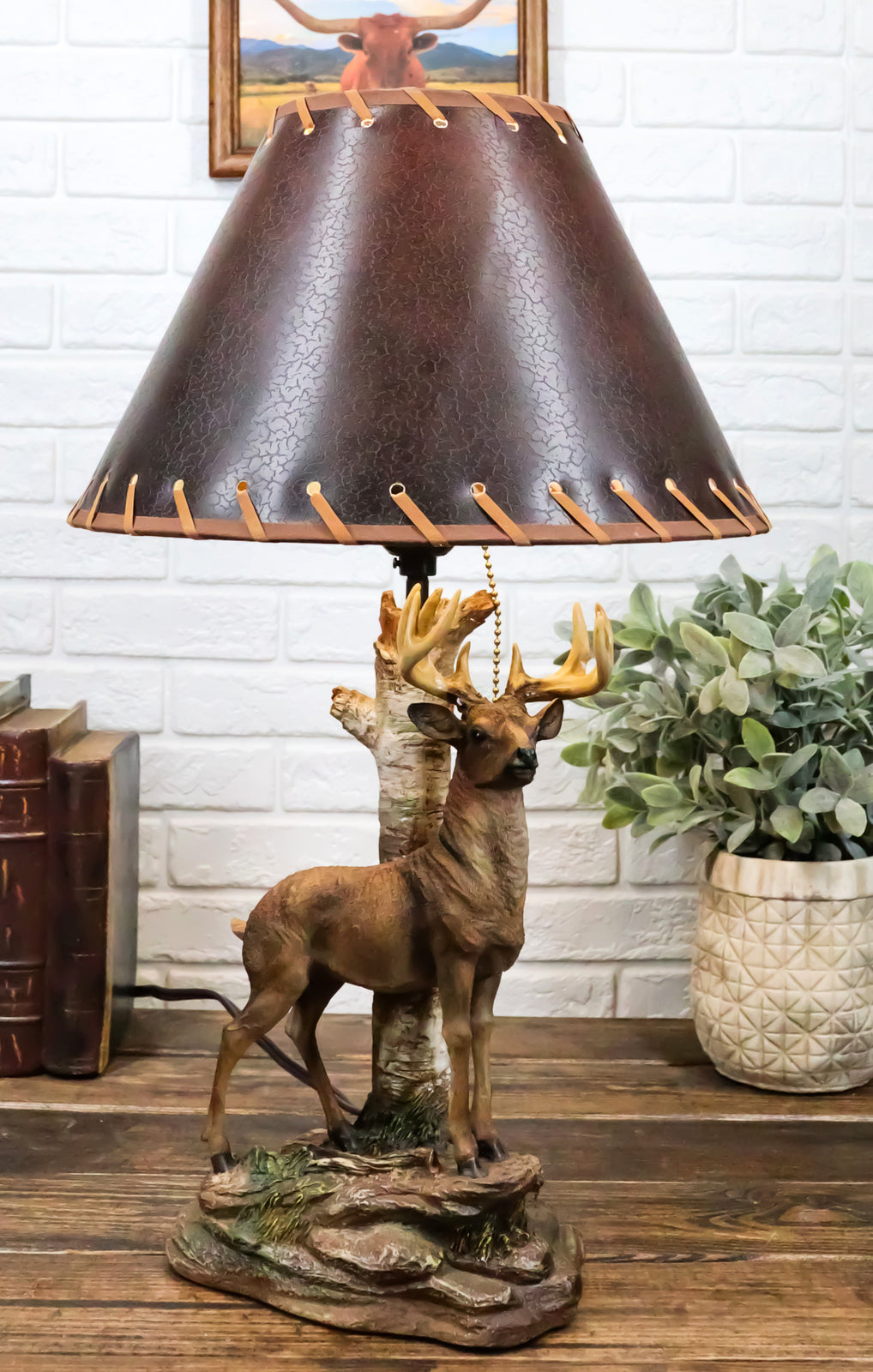Rustic Country Grand Elk Stag Deer by Birch Tree Desktop Table Lamp with Shade