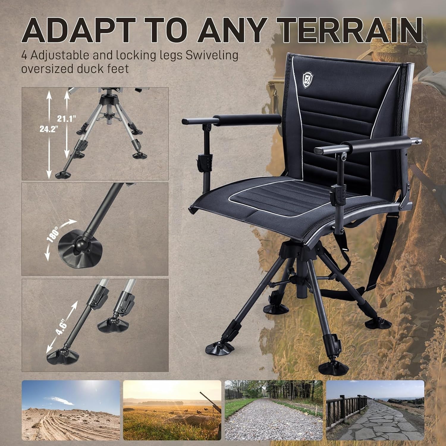 360° Silent Swivel Hunting Chair for Blinds, Adjustable Folding Hunting Seats for Outdoor Activities, Fishing, Support 300Lbs, Black