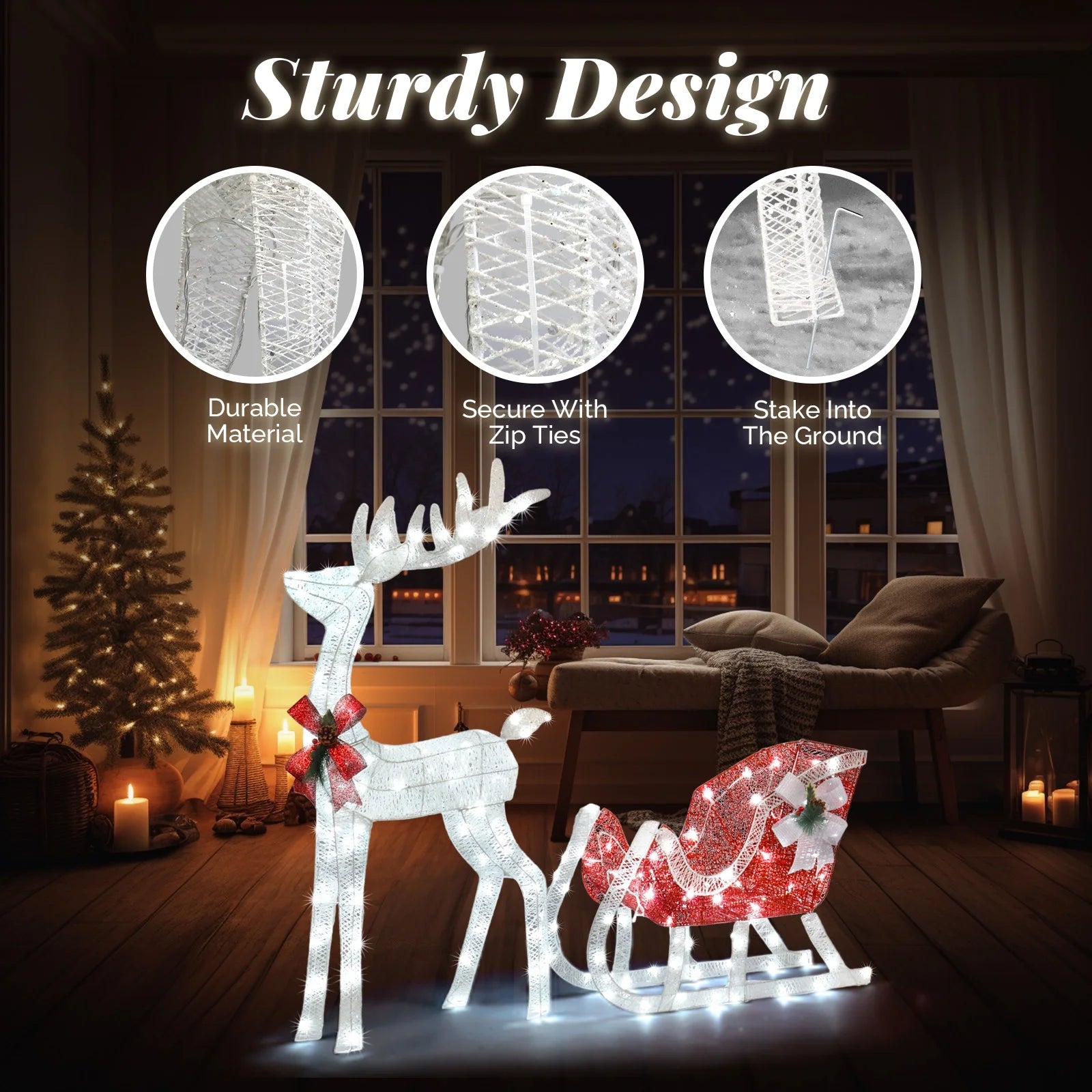 3D Lighted Christmas 4Ft Reindeer & Sleigh Set Outdoor Yard Decoration LED Lights - Silver