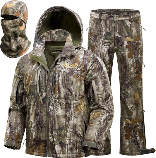 Camo Hunting Clothes for Men, Quiet Warm Fleece Lining, Cold Weather Deer Hunting Jacket and Pants with Face Mask