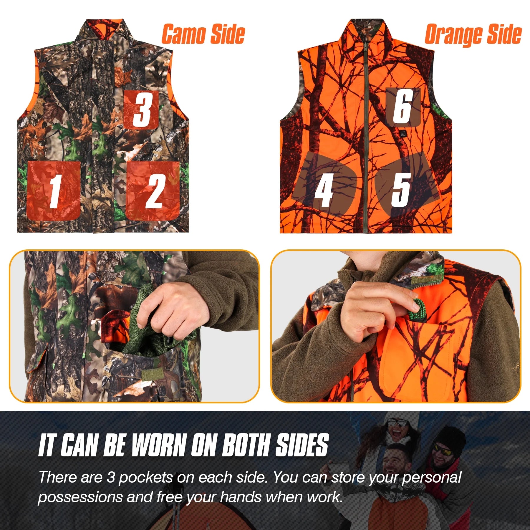 Hunting Heated Vest, Camo Orange Reversible Vest, Game Vest Jacket for Hunting, Lightweight Heating Vest (XL)