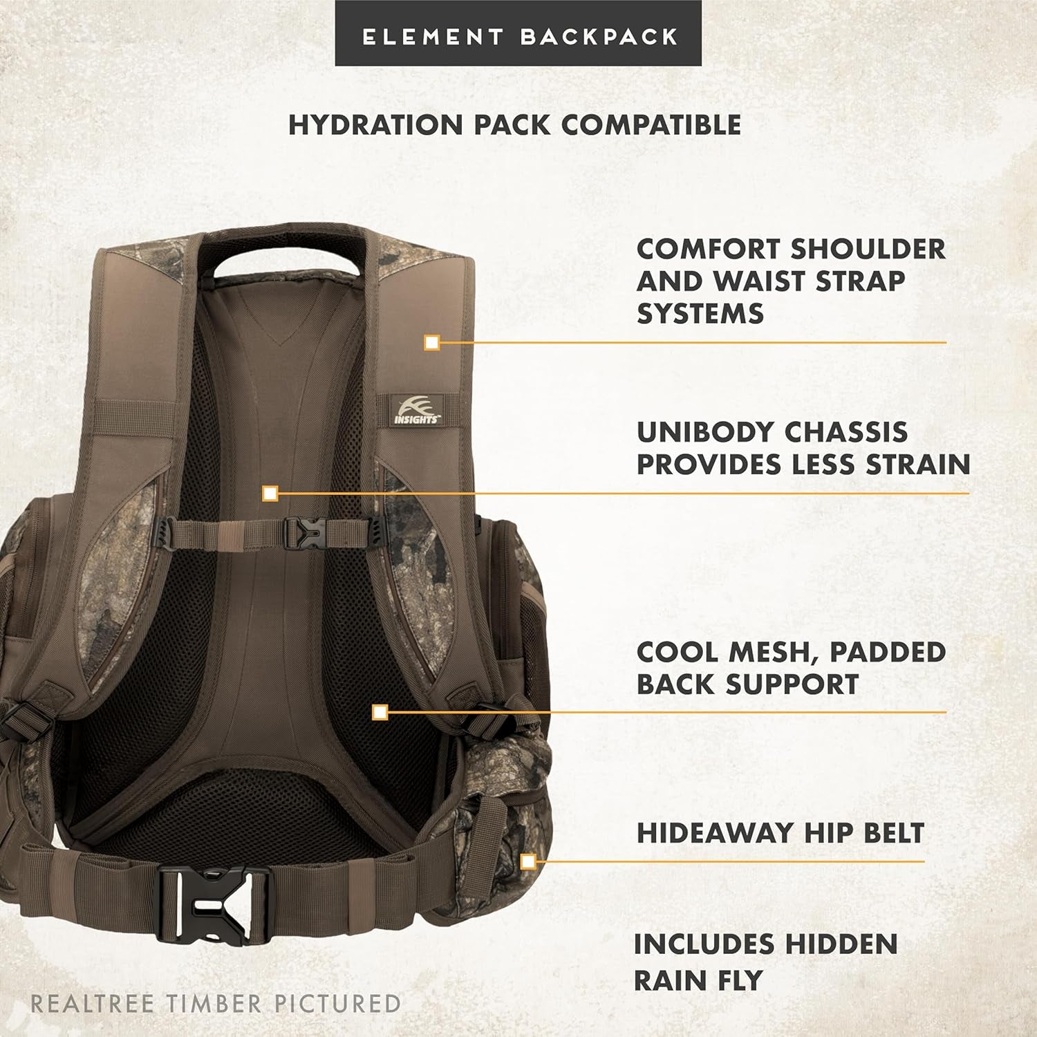 Hunting by  - the Element, Heavy Duty 1,831 Cubic Inch Hiking Fishing Camping Hunting Backpack, Realtree EDGE