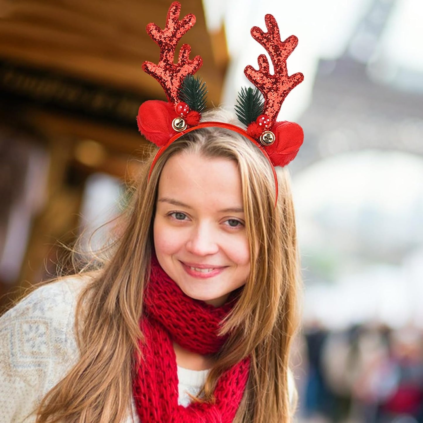 Christmas Antler Headband Glitter Reindeer Hair Bands Deer Ears Cute Christmas Hair Accessories for Women Girls Xmas Festival Holiday Party Supplies (Red)