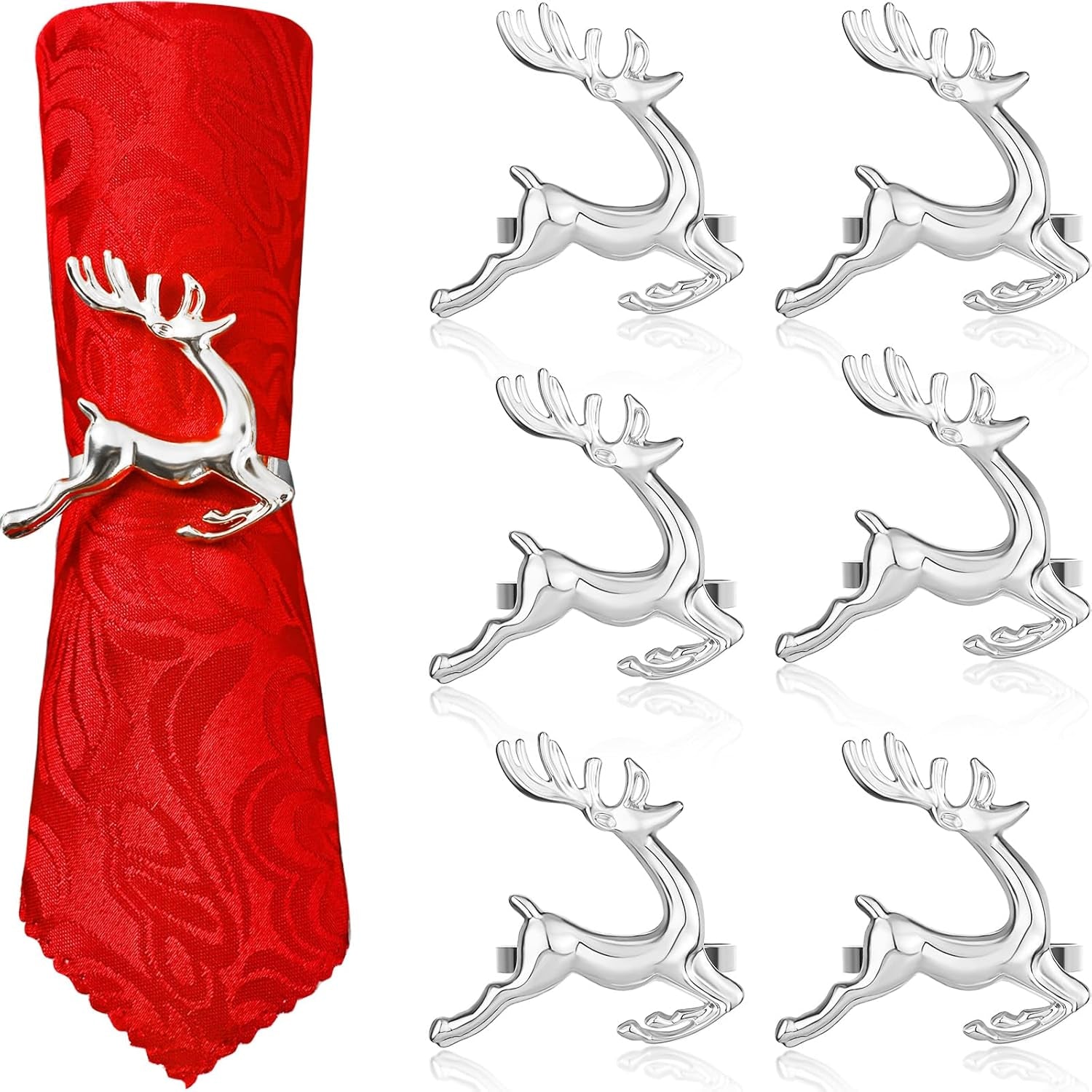 6 Pieces Deer Napkin Rings Christmas Antler Napkin Ring Holders Reindeer Napkin Buckle for Cloth Napkins Holiday Dinners Parties, Wedding Adornment, Table Decoration Accessories (Silver)