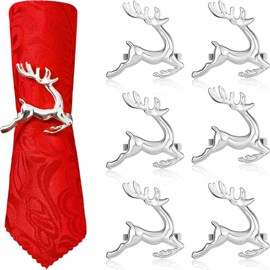 6 Pieces Deer Napkin Rings Christmas Antler Napkin Ring Holders Reindeer Napkin Buckle for Cloth Napkins Holiday Dinners Parties, Wedding Adornment, Table Decoration Accessories (Silver)