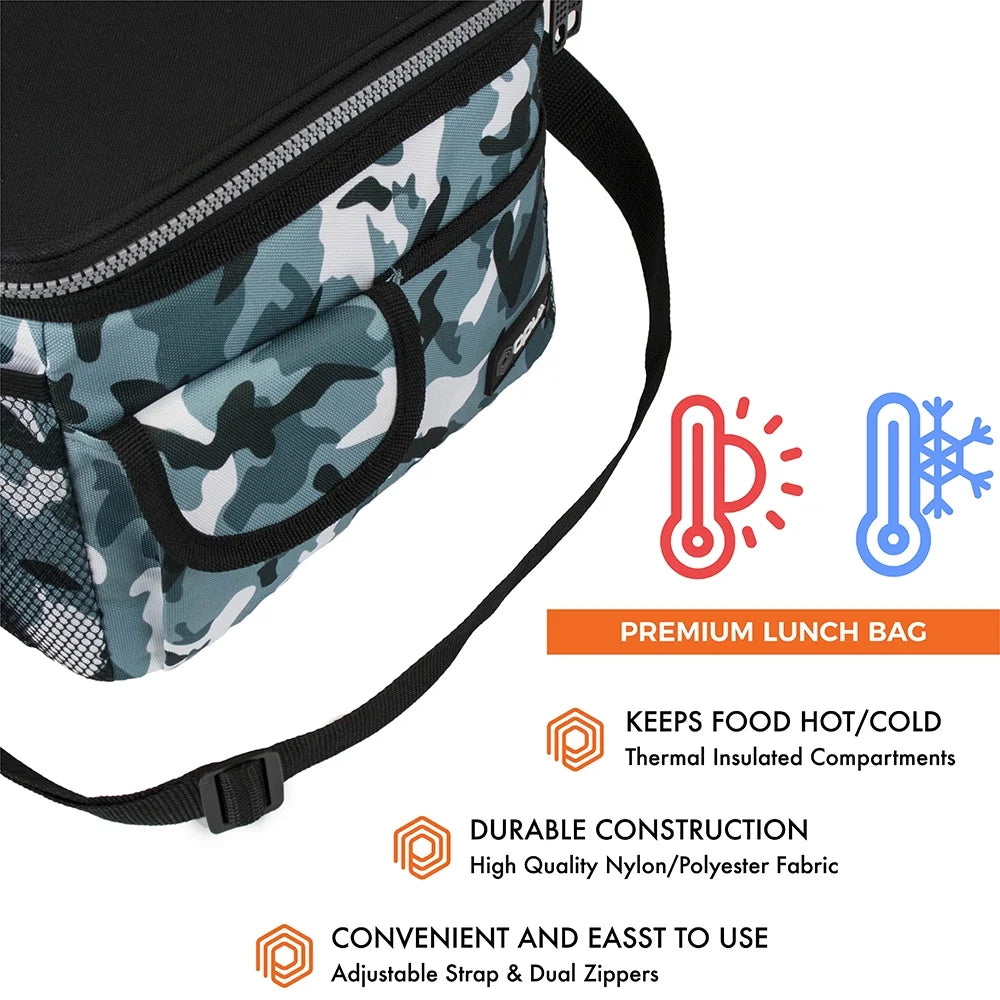 Insulated Lunch Bag for Men Women, Leakproof Thermal Lunch Box Work School, Soft Lunch Cooler Bag with Adjustable Shoulder Strap for Adult Kid Boy Girl, Reusable Lunch Pail, Camo Green