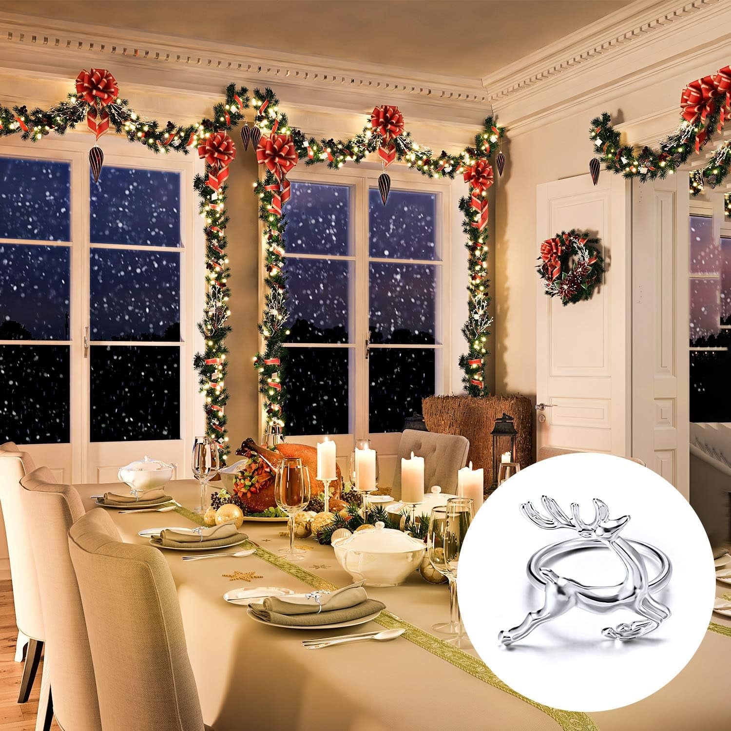 6 Pieces Deer Napkin Rings Christmas Antler Napkin Ring Holders Reindeer Napkin Buckle for Cloth Napkins Holiday Dinners Parties, Wedding Adornment, Table Decoration Accessories (Silver)